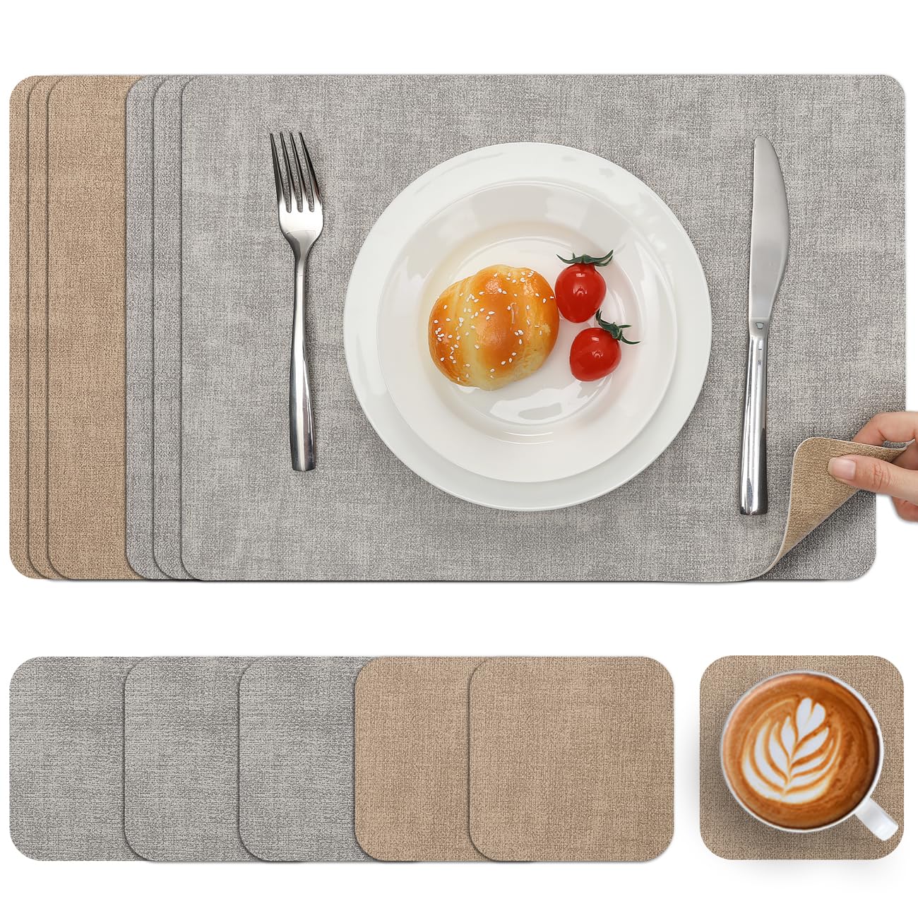 Myir JUN Reversible Vinyl Placemats and Coasters Set of 6, Faux Leather Place Mats Dual Sided Waterproof Oilproof, Heat-Resistant Table Mats for Kitchen Indoor Outdoor (12" x 17", Light Grey Beige) โ image 1