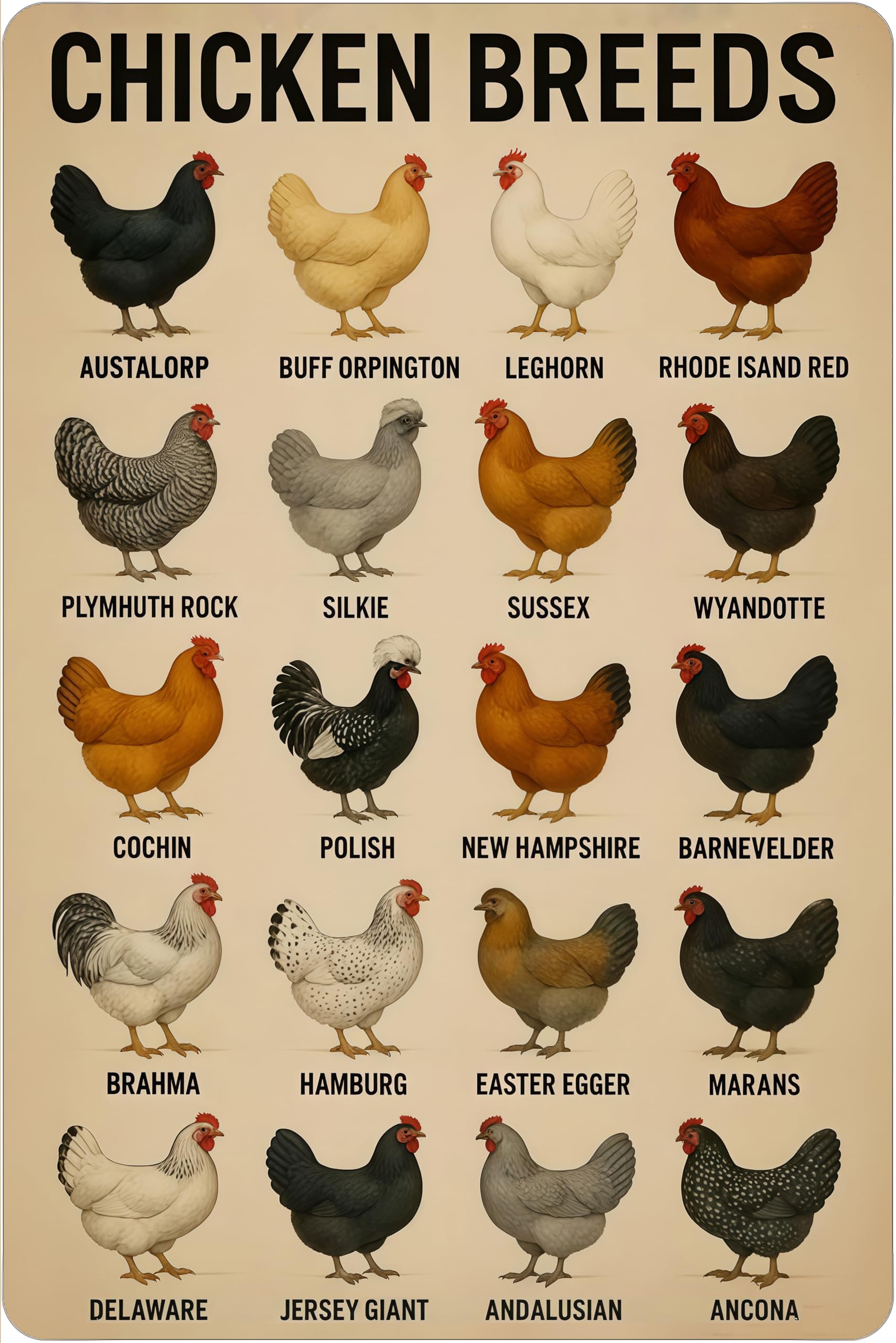 Funnysign Rooster Lovers Gifts Chicken Breeds Vintage Tin Sign for Home Kitchen Farm Chicken Coop Decor 8 x 12 Inches (3844)