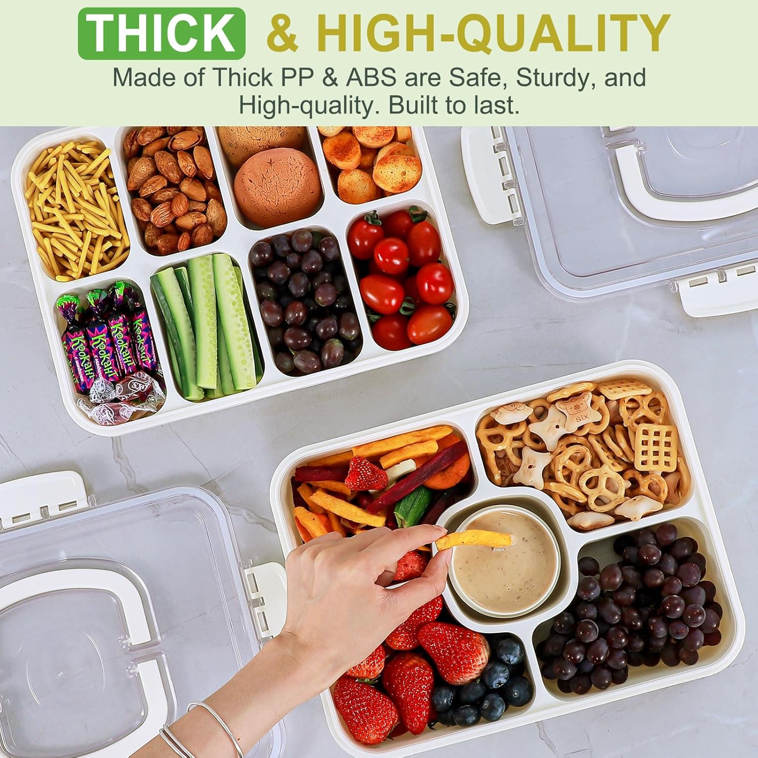 Caperci 2 Pack Large Portion Snackle Box Container - 5 Compartments Veggie Fruit Snack Divided Serving Tray with Lid & Dip Container for Party Picnic, Leak-Proof, Dishwasher Safe, BPA-Free (Set of 2)