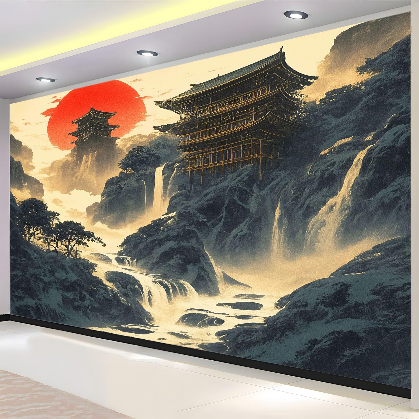 Panoramiczna tapeta 3D 200 x 140 cm japońska świątynia łańcuch górski tapeta z włókniny, plakat ścienny do salonu, dekoracji pokoju dziecięcego, łatwy montaż, niebiesko-szara