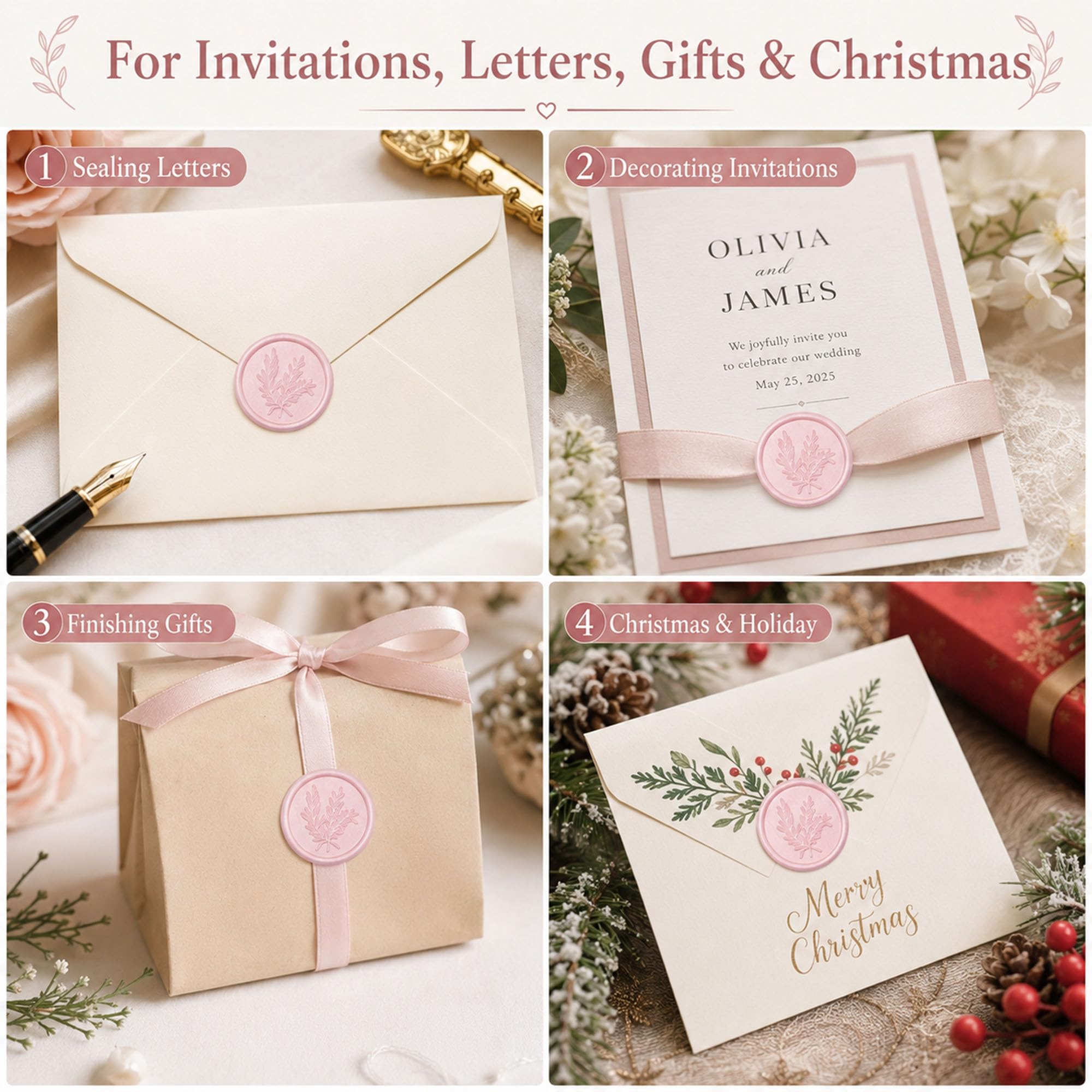 Adesivi per sigilli in cera, 50 pezzi, rosa perlato, rosmarino, adesivi per sigillare buste preconfezionate, sigilli di cera per inviti di nozze, buste con lettere, confezioni regalo di Natale