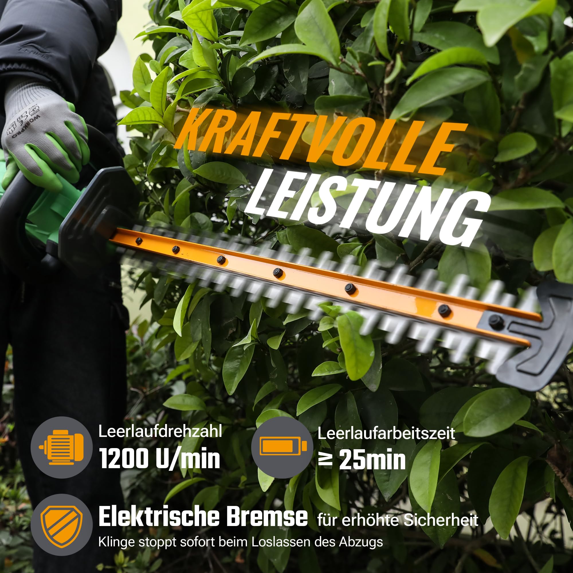 WORKPROX Heckenschere Akku 20V mit 2,0Ah Batteie & Typ-C Ladekabel, Elektrischer Heckentrimmer Schnittlänge 51cm, Schneidedurchmesser 18mm, Heckenschneider Ideal für Garten, Hecken & Sträucher