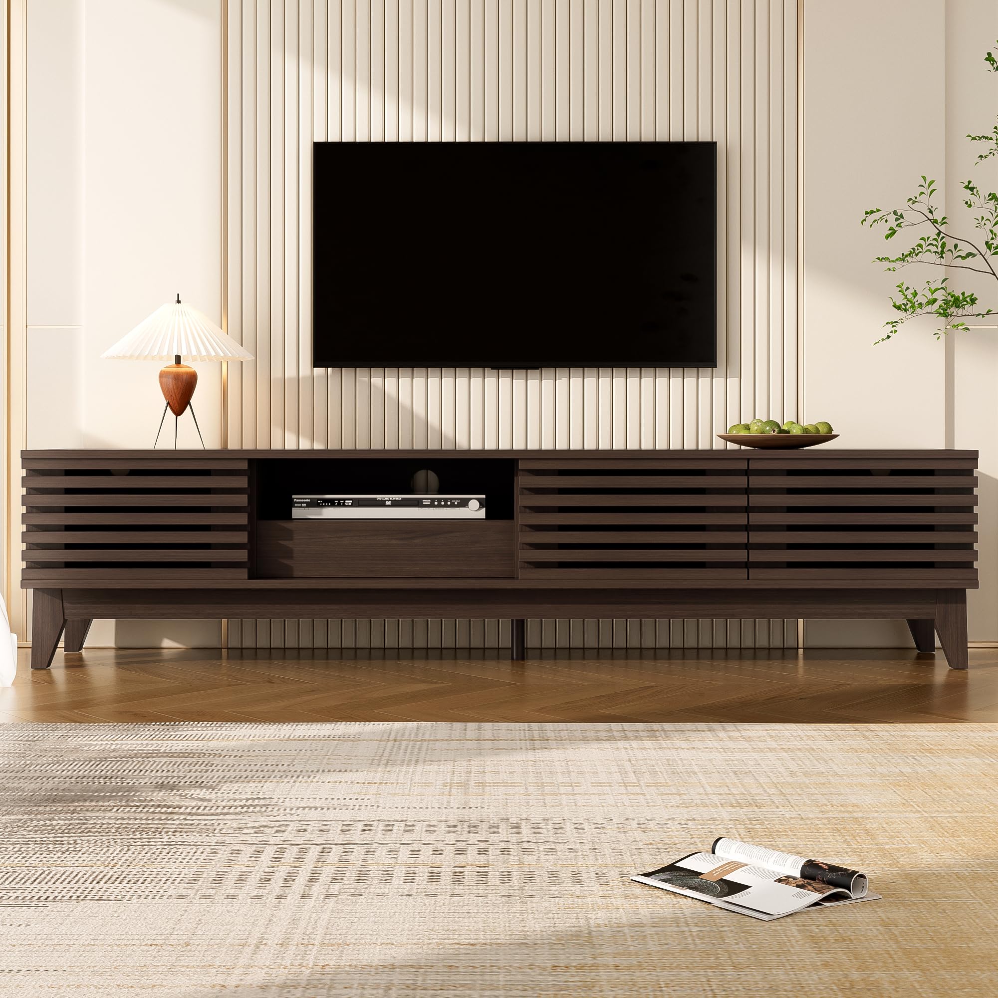 Merax TV-Schrank 170x35x40 cm, TV-Lowboard mit 3 Türen, 1 Schublade, offenen Fächern und Kabeldurchführung, stilvolles TV-Möbel mit großem Stauraum für Wohnzimmer, dunkle Holzfarbe