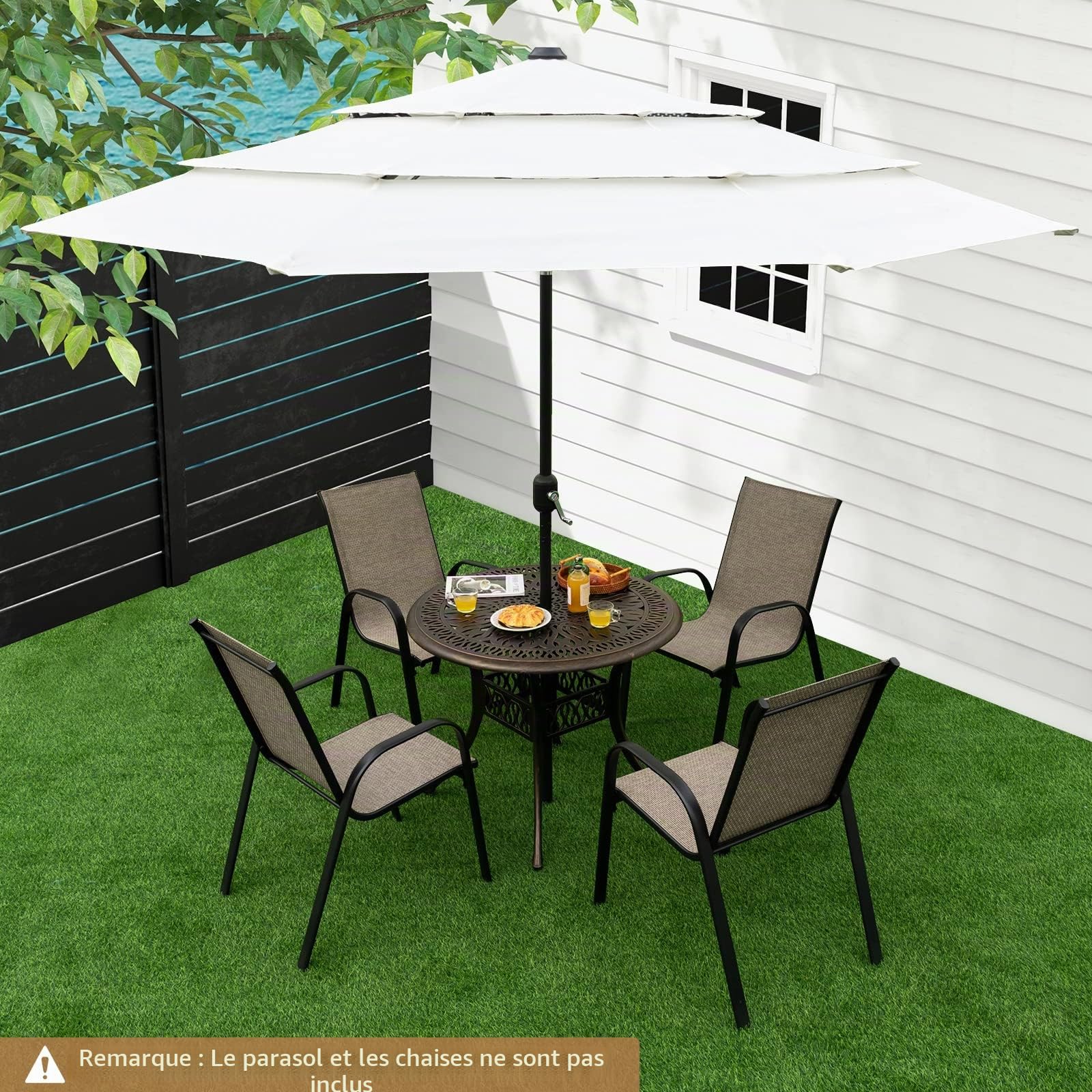 GOPLUS Table de Bistrot en Aluminium avec Trou pour Parasol de 5 CM, Table de Jardin Ronde avec Patins Réglables, Style Rétro, Convient pour Terrasse, Balcon, Piscine, Ø 90 X 74 CM