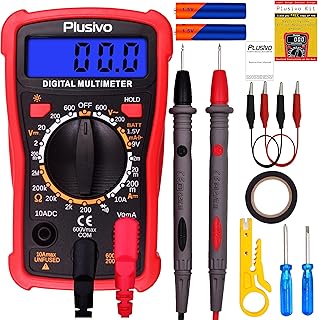 Digital Multimeter DC AC Voltmeter Ohm Volt Amp Multi Tester for Voltage, Current, Resistance, Continuity, Diode with Test Probes, LCD Display with Backlight, Case, Stand, Wire Stripper from Plusivo