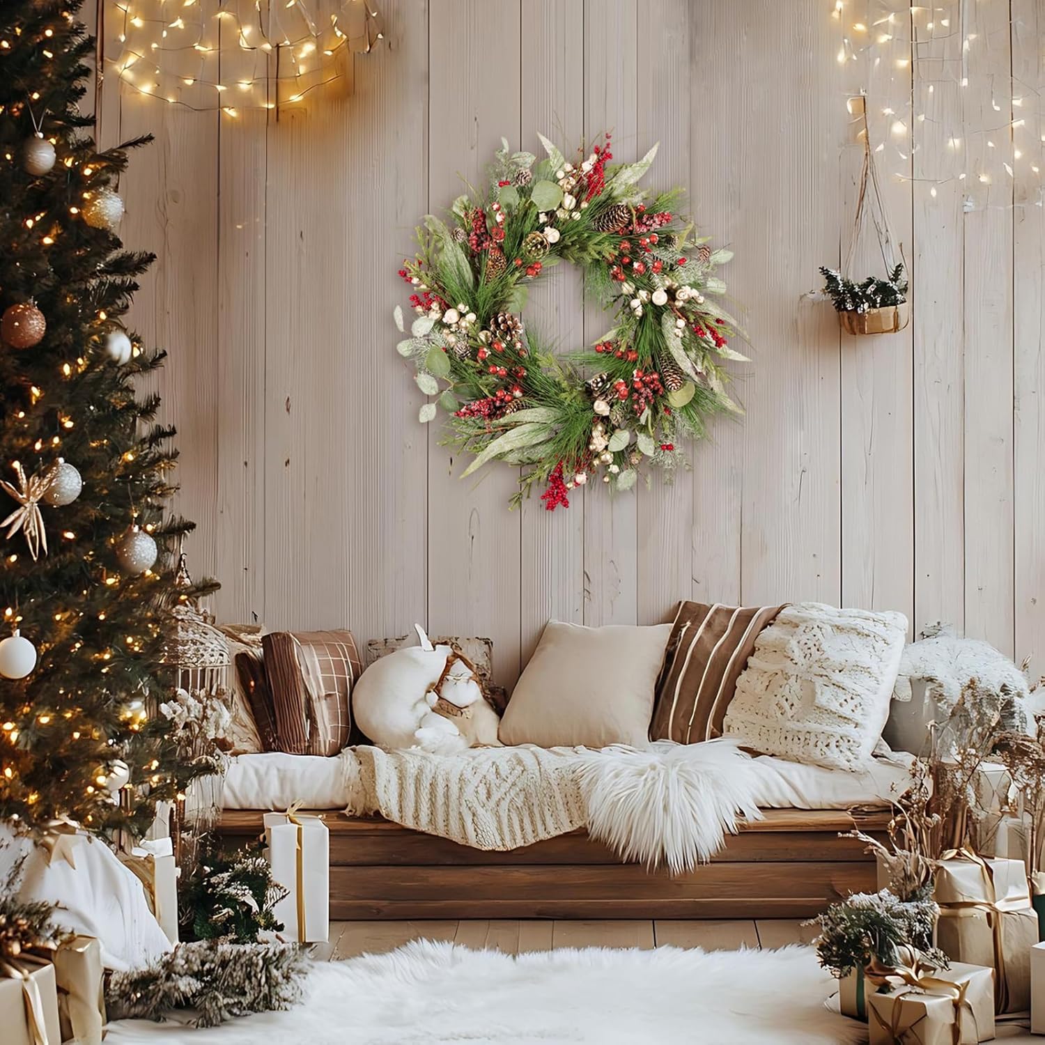 24 Inch Luxury Christmas Wreath, Full Artificial Wreath with Eucalyptus, Red & Gold Berries, Pomegranates, and Mixed Pinecones for Elegant Front Door, Porch, or Wall Holiday Decor - Image 7