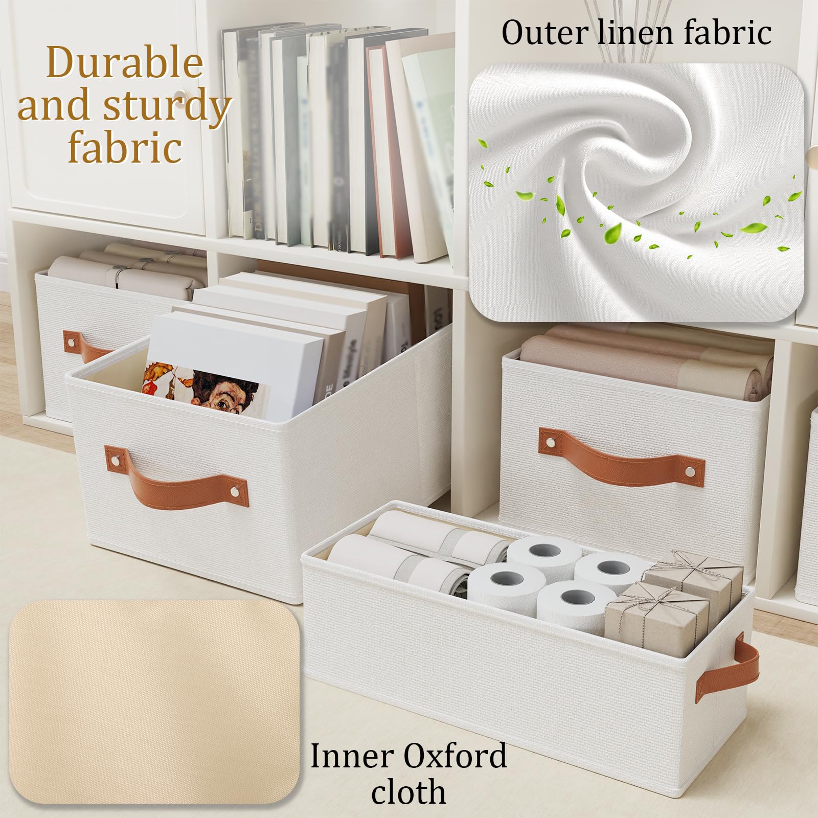 OUTBROS 3 Pezzi Scatole Portaoggetti, Contenitori Pieghevole con Maniglia per Riporre Armadio, Organizzatore Cubi, Vestiti, Libri, 41x25x16.5 cm, Bianco