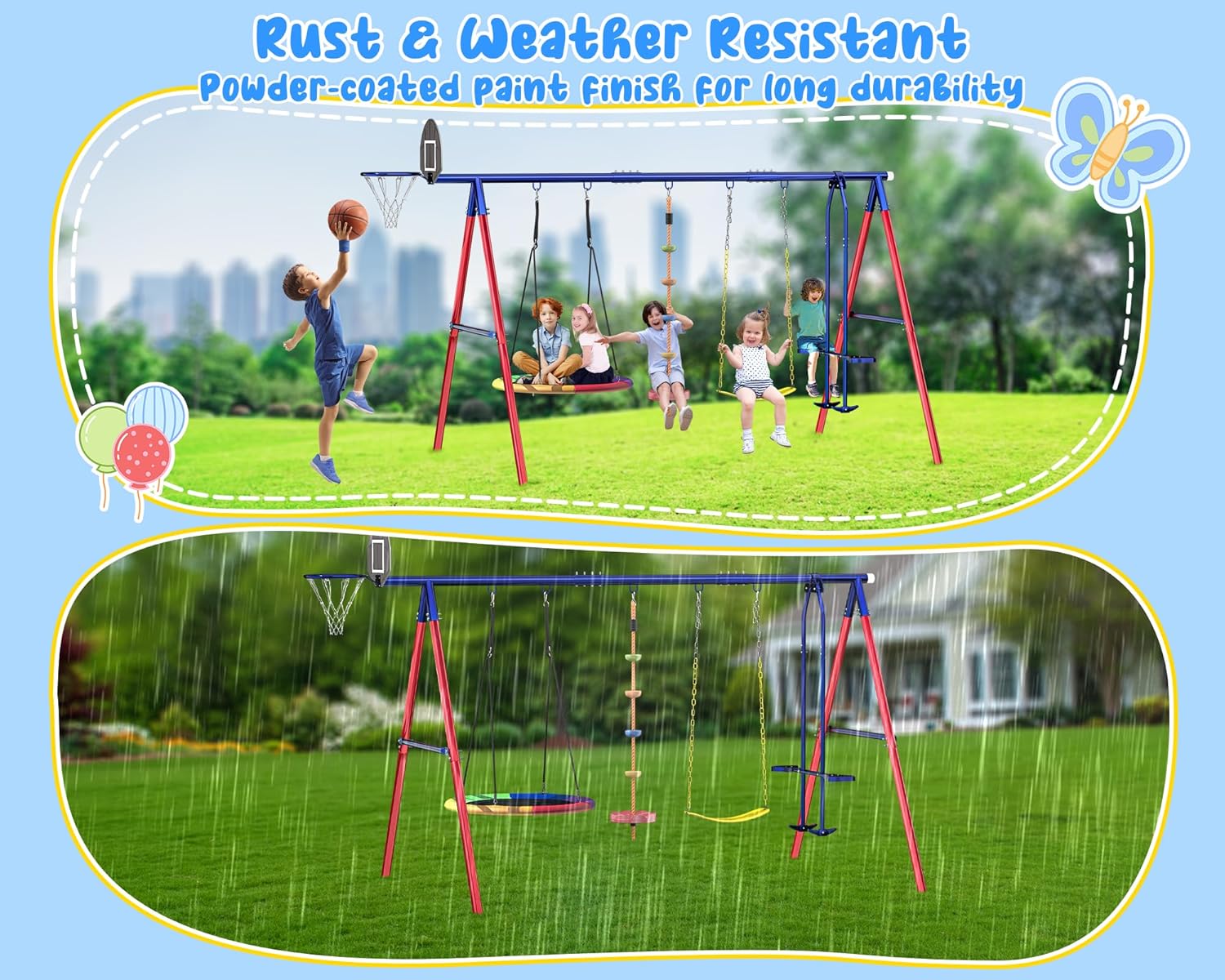 Image showing the BUPPLEE swing set in both sunny and rainy conditions, illustrating its rust and weather-resistant features.