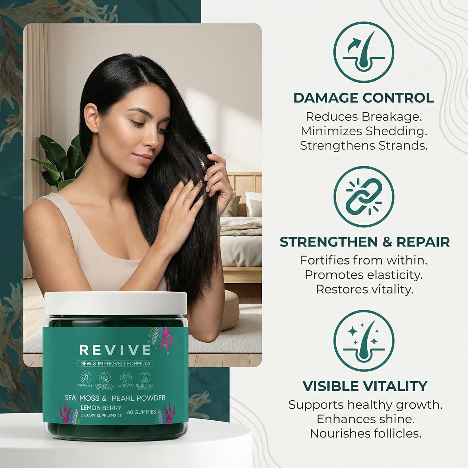 Balmbare Revive Gummies for Hair Loss - Sea Moss Gummies with Vitamin C, Vitamin E, Aloe Vera, Pearl Powder Supports Faster Hair Growth, Stronger Nails, Healthy Skin, Extra Strength - 60 Count