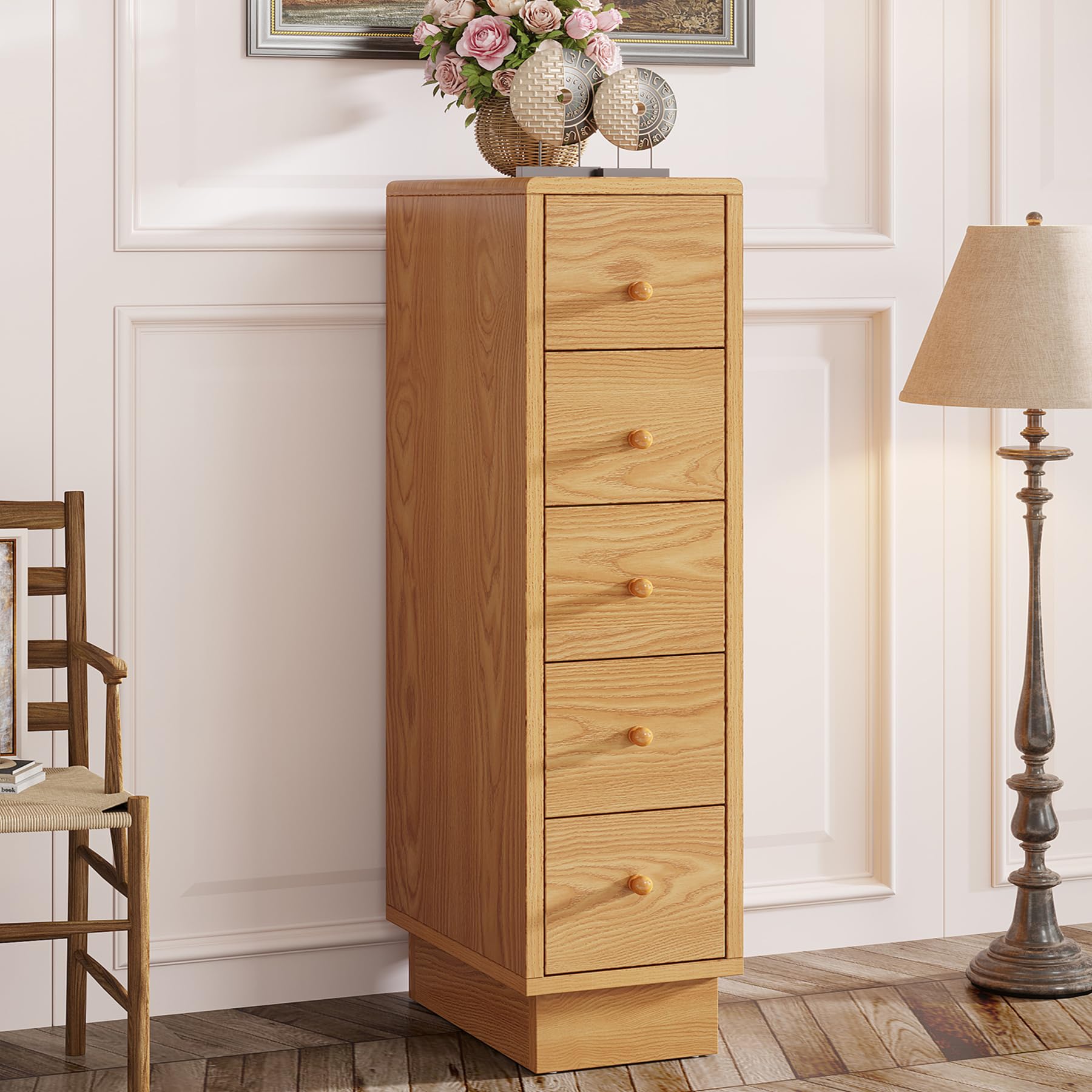 Tribesigns Kommode mit 5 Schubladen, schmale Kommode aus Holz für Schlafzimmer, hohe, schmale Kommode, schmaler Schubladen-Organizer für kleine Räume, Badezimmer, Schrank, Eiche Küche, Haushalt & Wohnen