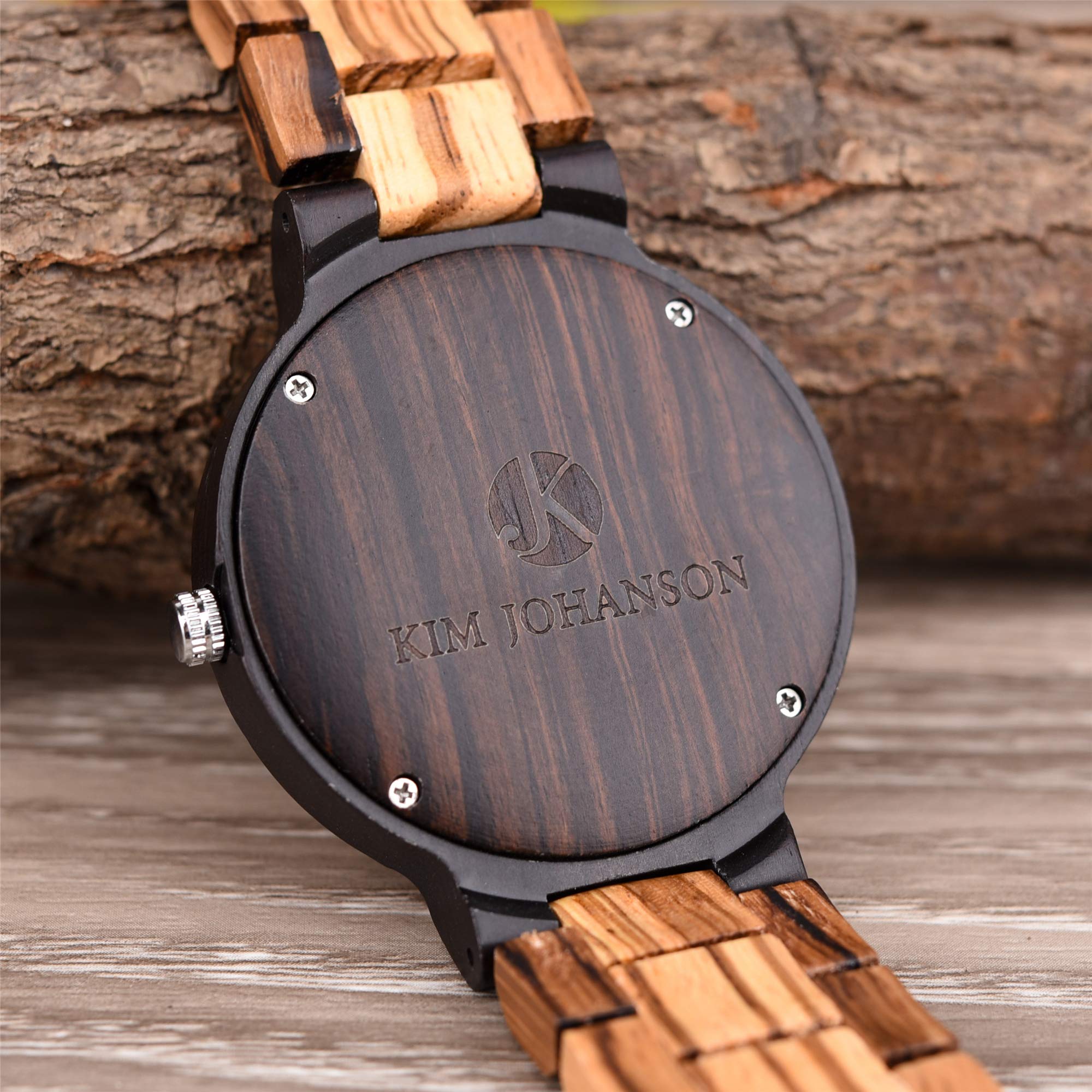 Kim Johanson Herren Holz-Edelstahl Armbanduhr *Dark Week* mit Datum- & Tagesanzeige Handgefertigt Quarz Analog Uhr inkl. Geschenkbox