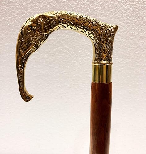 Bastón de madera marrón hecho a mano con mango de elefante de latón brillante