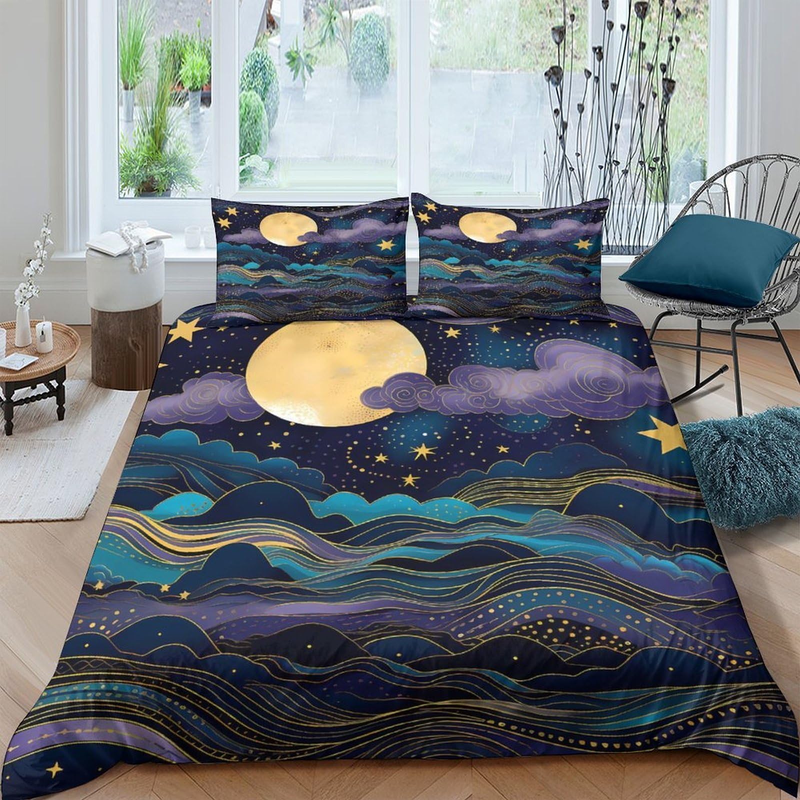 Ctjqhvkz Style-5 3D Printed Moon Night Sky Fitted Sheet Microfiber Soft Breathable Star Wave Mattress Cover For Bedroom Guestroom Decor Single（135X200cm）