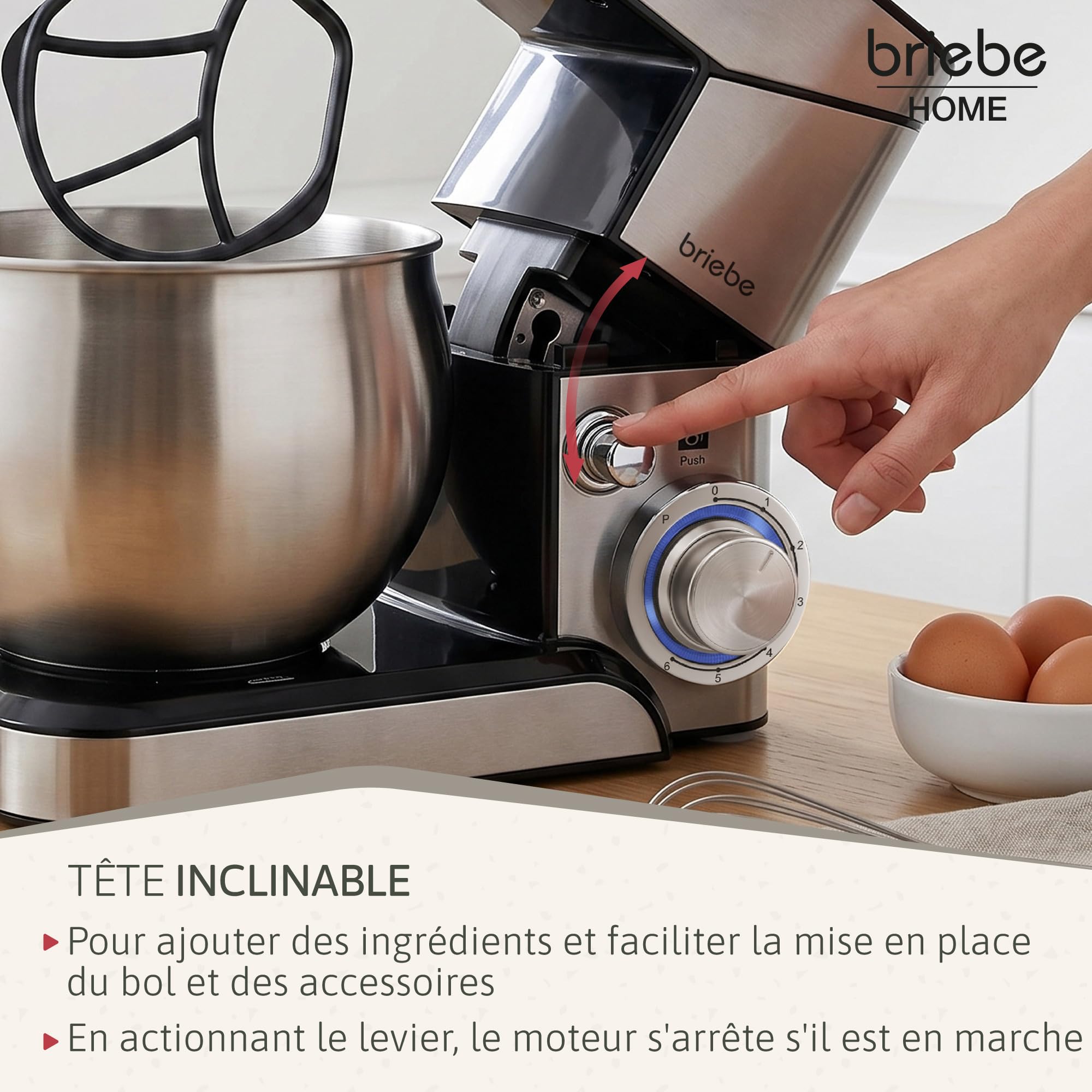 briebe Robot Pâtissier Professionnel, Boulangerie 1800W MAX Cuisine Ménager Multifonction Mouvement Orbital, Fouet, Bol 5 L, 6 Vitesses + Fonction Pulse, Inox KM1114