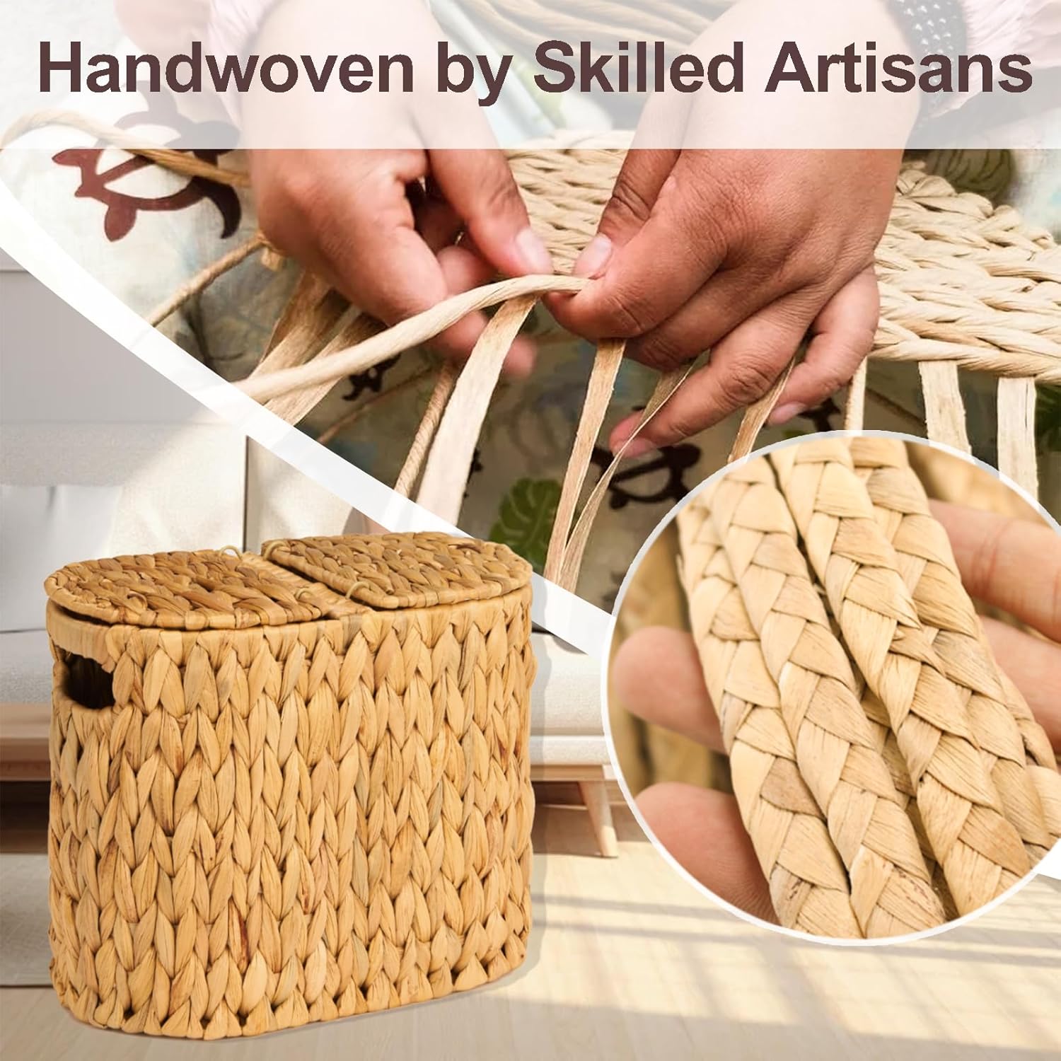 FairyHaus Wicker Toilet Paper Storage Basket with Lid & Handles, 4 Rolls Handwoven Toilet Paper Holder with Storage, Natural Water Hyacinth Toilet Paper Holder Stand Basket for Bathroom