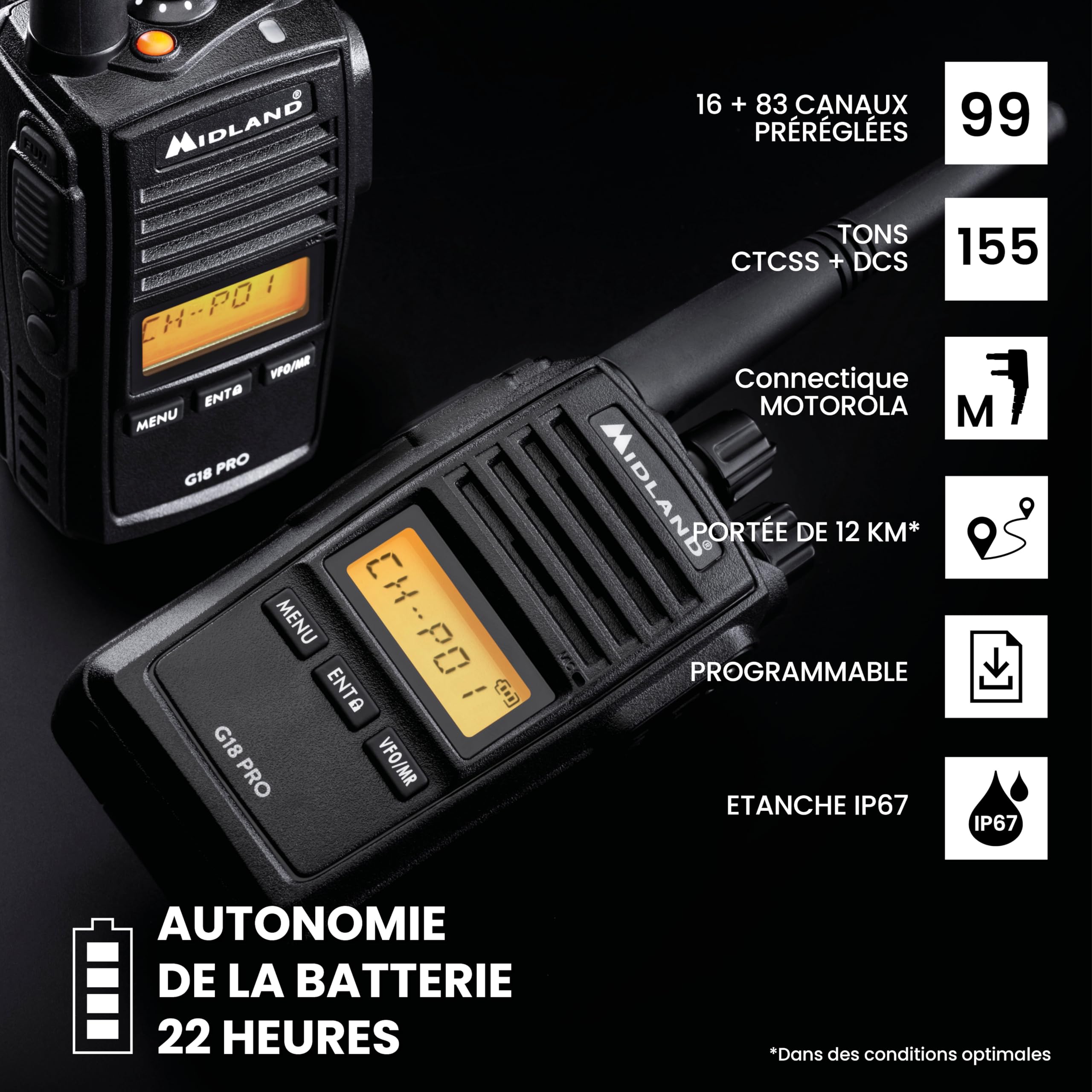 Midland G18 Pro Noise Cancelling C1145.04 - Talkie-Walkie Longue Portée 12Km, 99 Canaux PMR446, Étanche IP67, Autonomie 22H, Fonction Réduction de Bruit, Brouilleur Scrambler et Compander