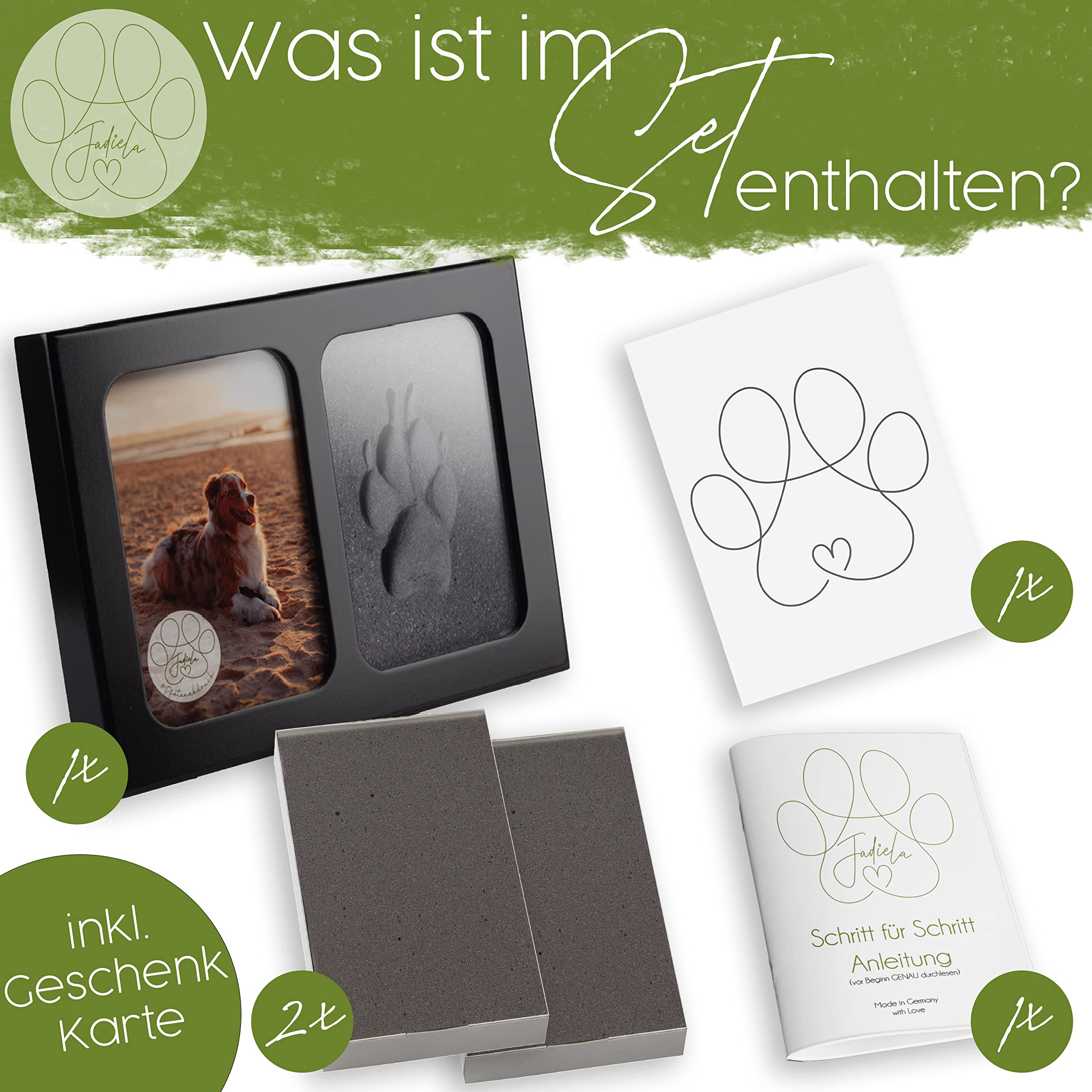 Jadiela Pfotenabdruck Set Hund oder Katze 3D Bilderrahmen in Schwarz, Abdruck Hundepfote Geschenk, Made in Germany