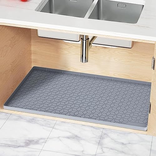 Tapete para debajo del fregadero, tapete impermeable de silicona de 34 x 22 pulgadas, forro para estante debajo del fregadero con orificio de