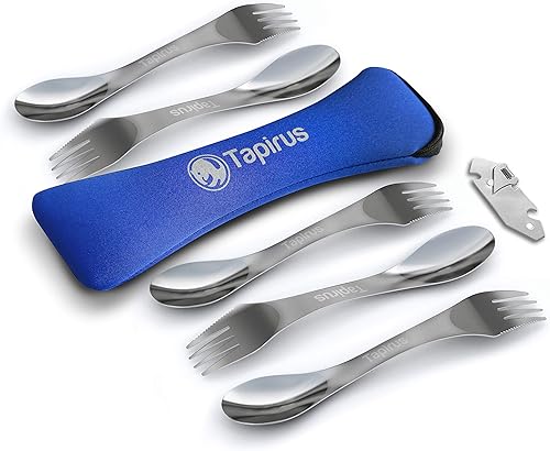 Tapirus  Set de 5 utensilios de acero inoxidable Spork  duraderos y a prueba de óxido  cuchara, tenedor y cuchillo  para campamento, pesca, caza y