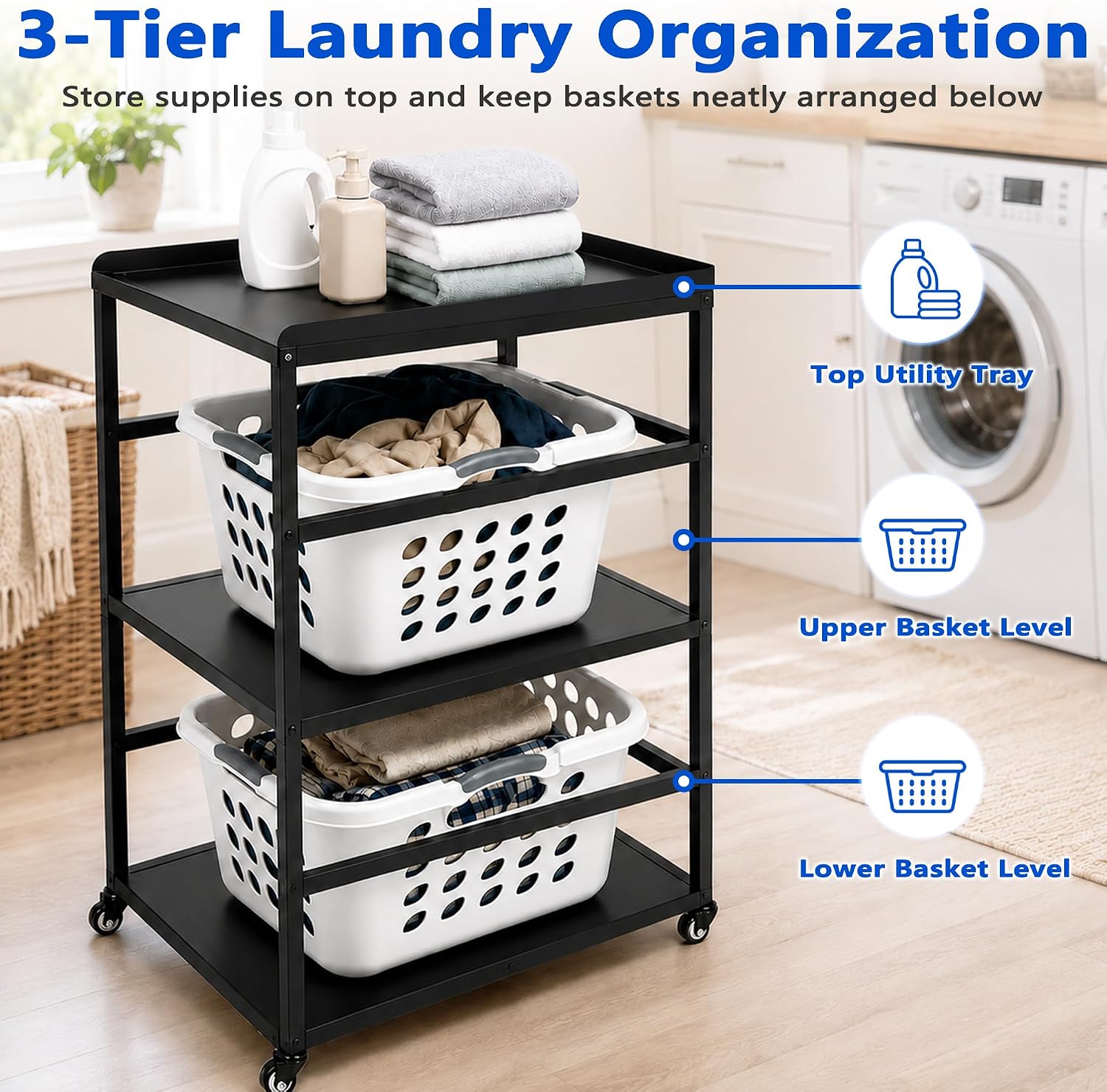 3-Tire Laundry Basket Holder Storage Shelf, Metal Stackable Laundry Sorter