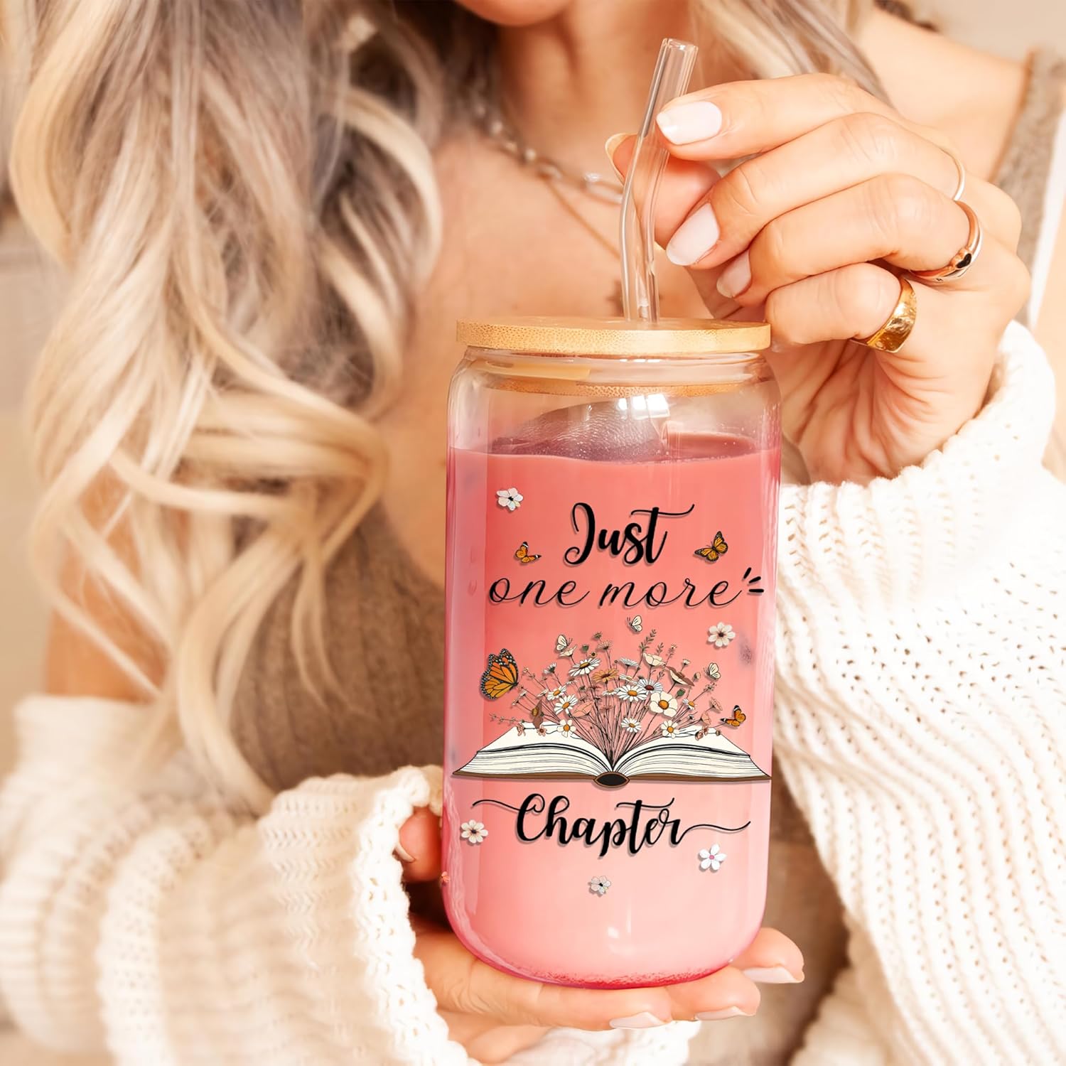 Book Lovers Gifts Ideas 16 Oz Glass Cups with Lids and Straws Just One More Chapter Coffee Tumbler Bookish Present Birthday Mothers Day Christmas Gift for Women Readers Bookworm Friends - Image 3