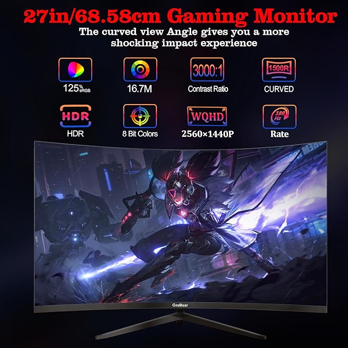 Monitor Curvo Gaming 27 Pulgadas QHD 180Hz miniatura 2