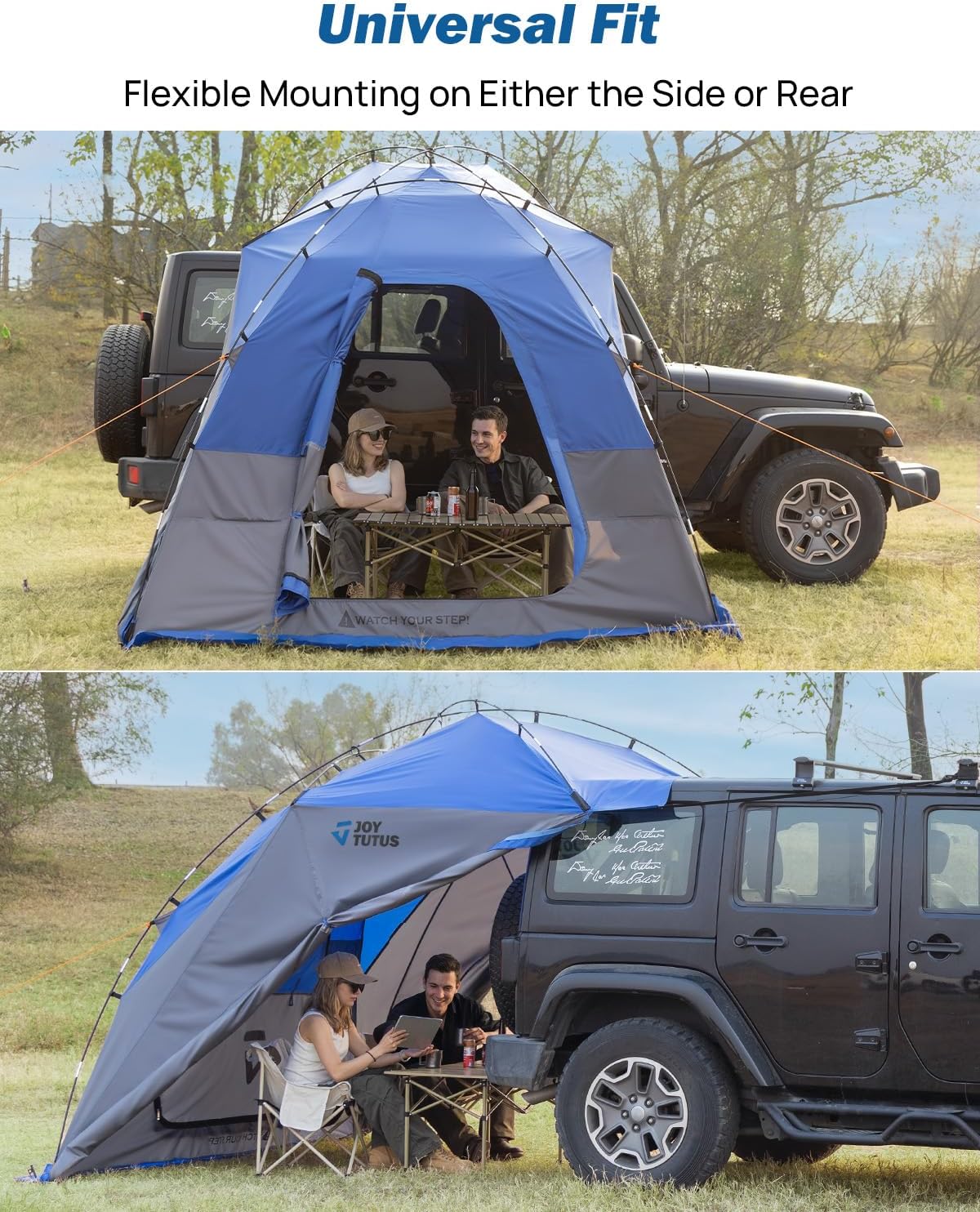 JOYTUTUS Car Shelter with Full-Coverage Sunshade for Side or Rear, Universal Mount Vehicle Awning and Car Camping Tent, Easy Set-up Buckles, Roll up Sides and Windows, UV50+, Rainproof, Gray Blue