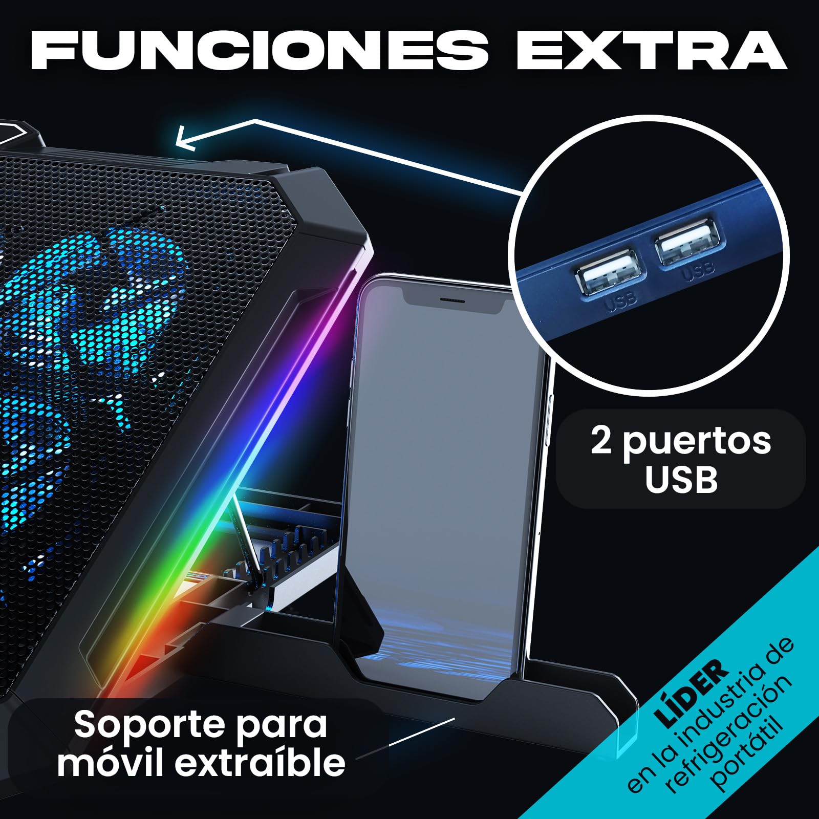 KLIM V8 Base Refrigeradora para Portátil Gaming con 8 Ventiladores + Nuevo + Soporte RGB Estable para Portátil con Ventilador + Compatible hasta 17" + 2 Puertos USB + Soporte para Teléfono