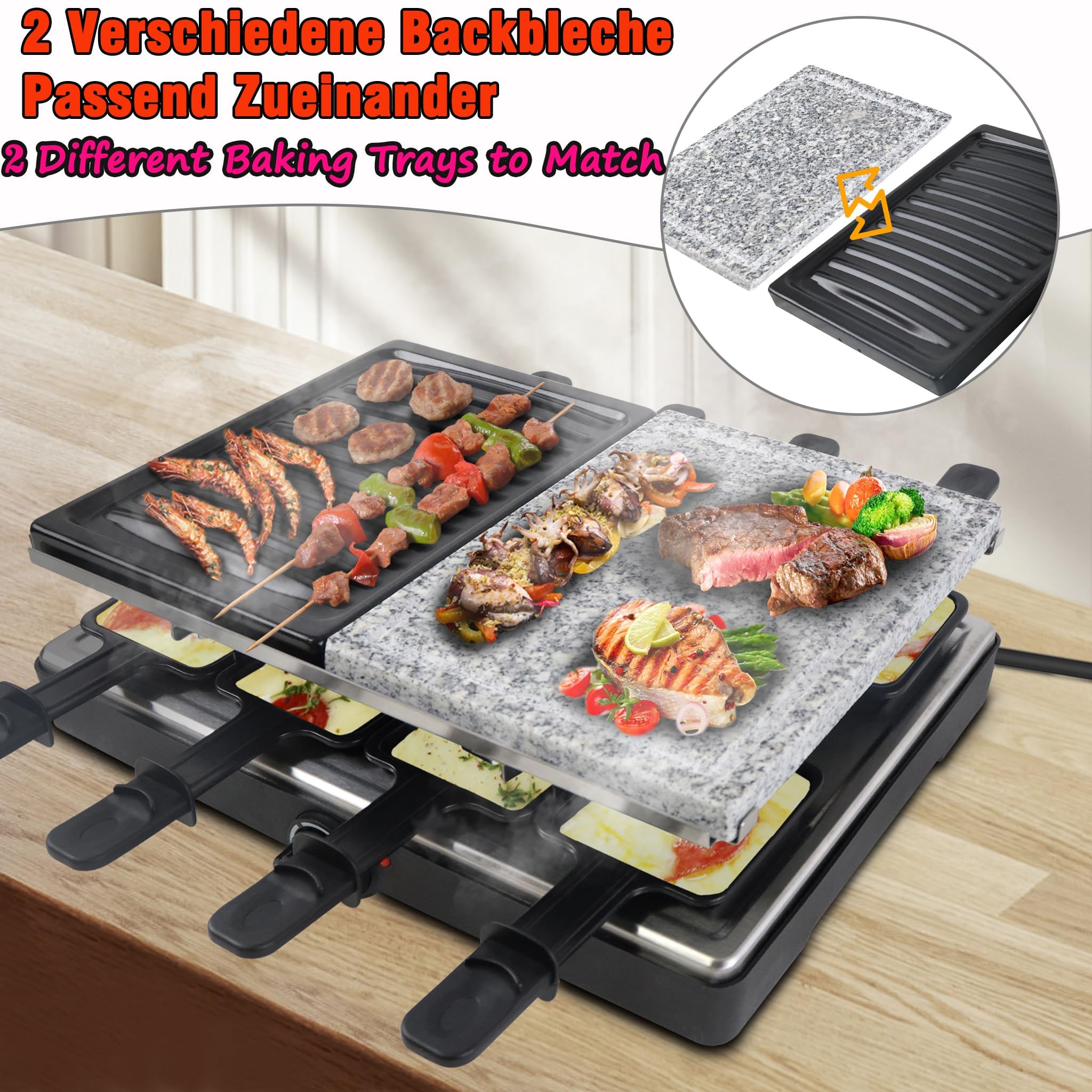 ACXIN Grill raclette dla 8 osób, z naturalnym kamieniem do grillowania i powłoką zapobiegającą przywieraniu, 8 patelni i drewniana szpatułka, maks. 1400 W, elektryczna patelnia grillowa, do użytku