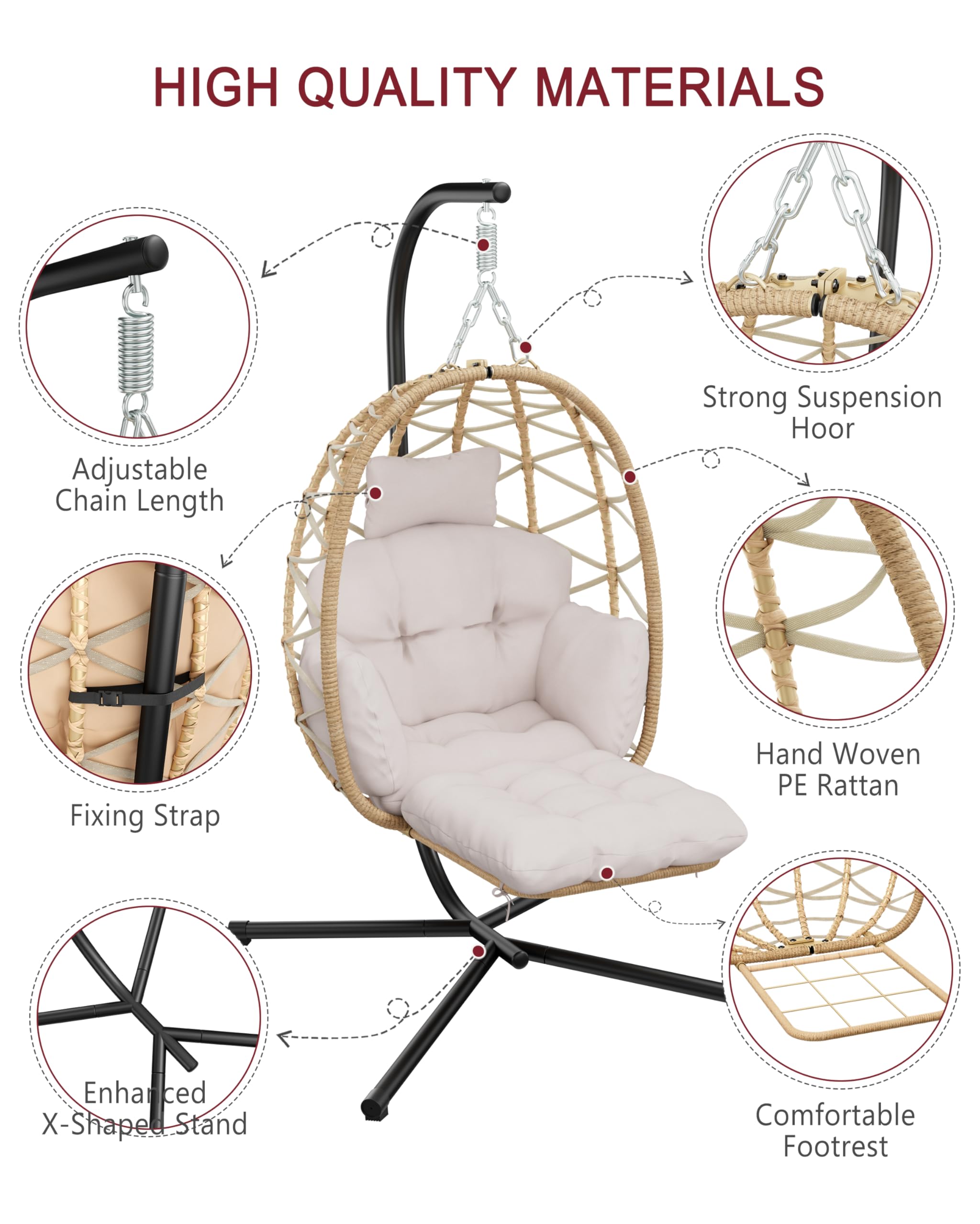 Silla colgante con estructura, reposapiés, silla colgante, en ratán para interiores y exteriores, columpio colgante para jardín, terraza, cuarto de niños, rincón de lectura, hasta 150 kg