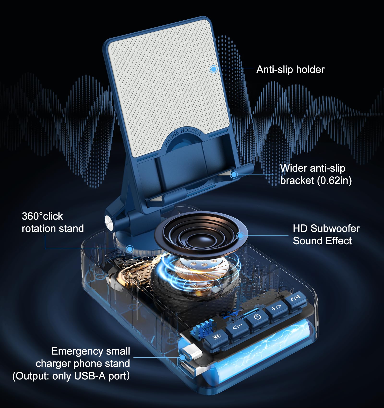 Regali per uomini e donne, supporto per telefono Bluetooth con funzione di ricarica, girevole a 360°, regolabile, suono surround HD, per scrivania, adatto a tutti i telefoni e tablet (blu)