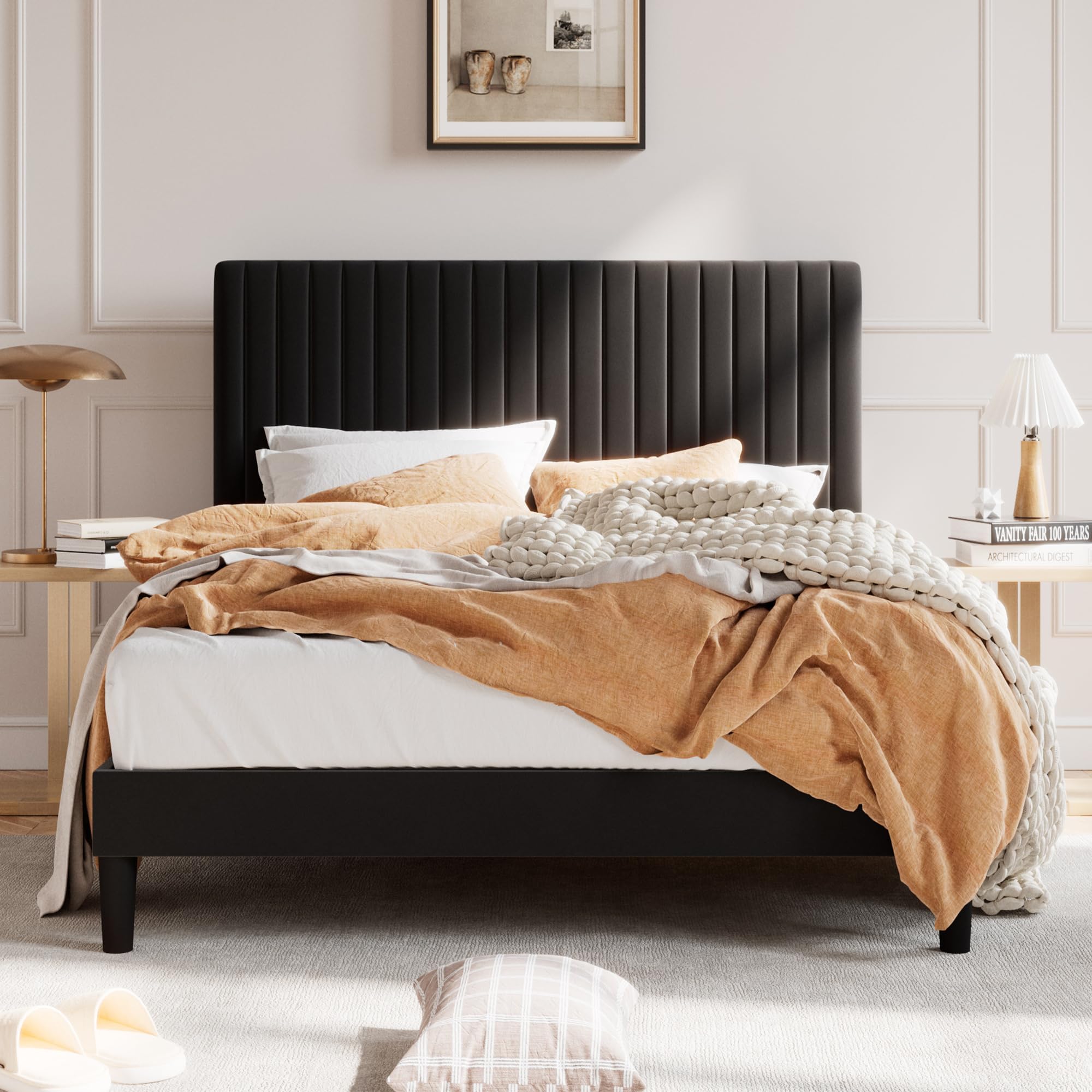 SHA CERLIN Queen Upholstered Platform Bed Frame with Adjustable Headboard/Vertical Channel Tufted Velvet Fabric/Wooden Slats Support/Mattress Foundation/Box Spring Optional/Black