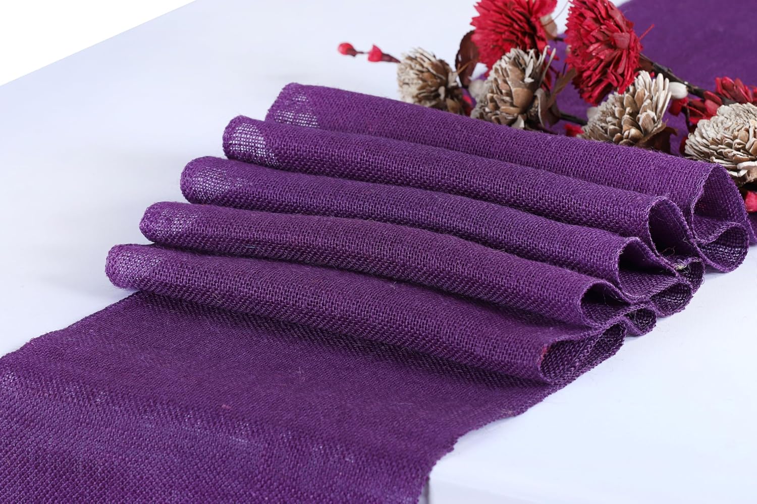 MDS 12 PCS 100% Natural Burlap Table Runners 12 x 72 Inch Rustic Farmhouse Country Vintage Boho Jute Runner for Wedding Home BBQ's Coffee Tea Party Dinning Table Decorations - Purple