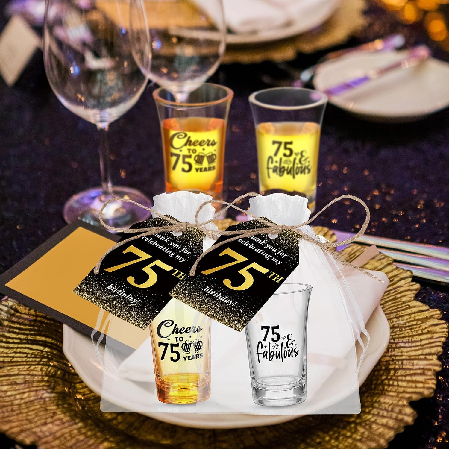 50 Sets Birthday Party Favors for Guests Souvenir Short Glasses Acrylic Clear Shot Glasses Thank You Tags with Organza Bags Twine for Anniversary Wedding Shower(Cheers to 75 Years)