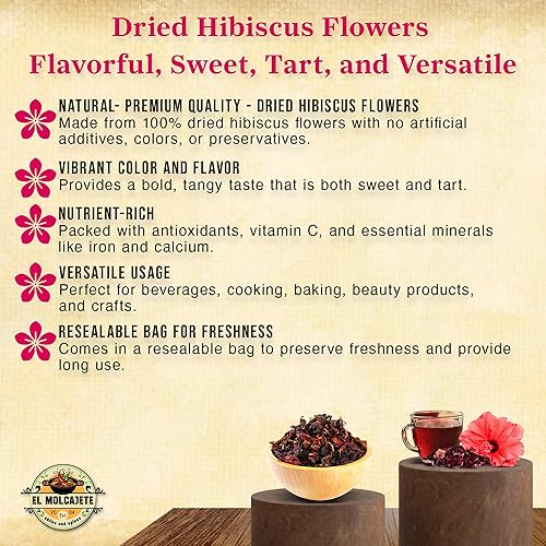Miniatura 4 de Flores de hibisco de 8 onzas, totalmente naturales y triple limpiadas para un sabor vibrante. Pétalos de Flor de Jamaica suaves enteros, uso para