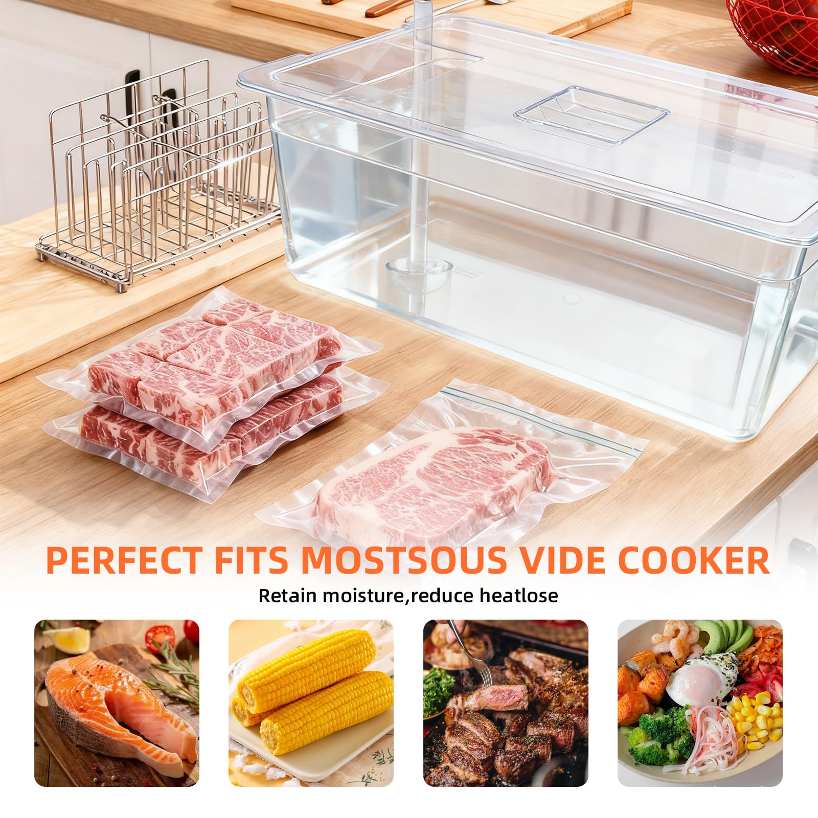Sous Vide Container 26 QT with Lid, Rack & Spoon-Precision Cooking Tub for Anova Nano, Joule, Instant Pot Immersion Circulators - Large Accessories Kit (Square opening)