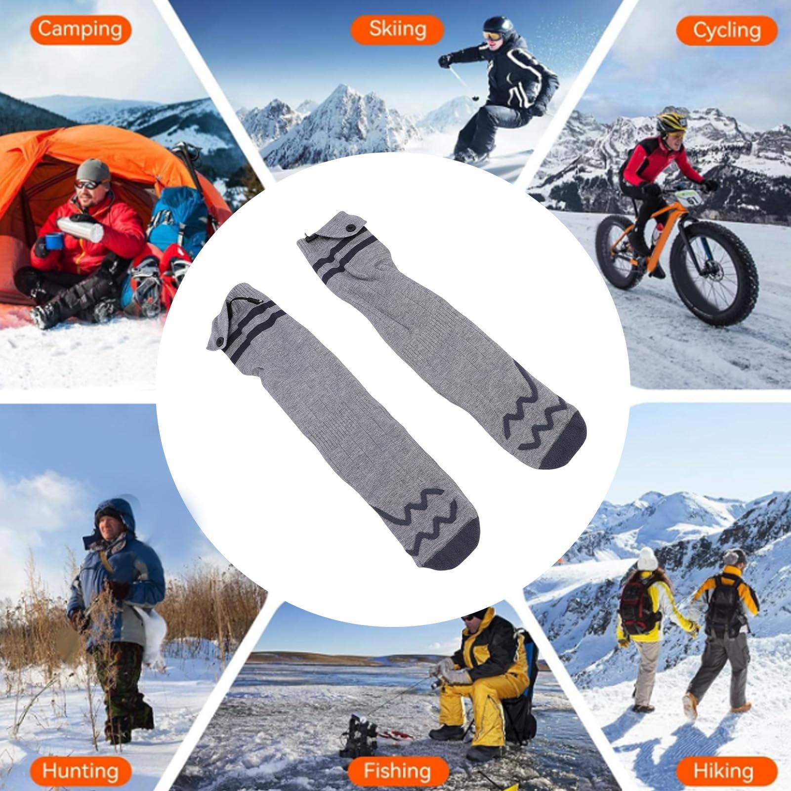 Srliya Chaussettes chauffantes rechargeables pour le ski d'hiver camping, chaussettes chauffantes électriques lavables en machine, gris