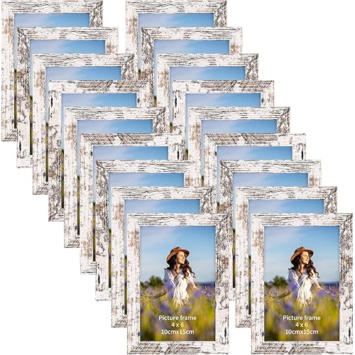 PETAFLOP Wooden Bulk 4x6 Picture Frame Set of 18, White Distressed Photo Frames Fits 4 by 6 for Wall or Tabletop Display