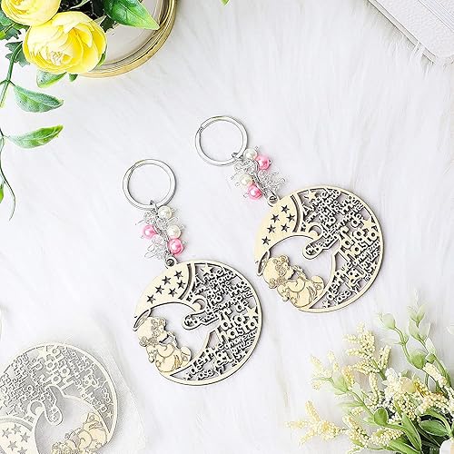 Miniatura 8 de YRP 12 piezas de bautismo rosa niña madera ángel luna diseño llavero bautismo favores con ángeles para niño y niña recuerdos de bautizo con bolsas