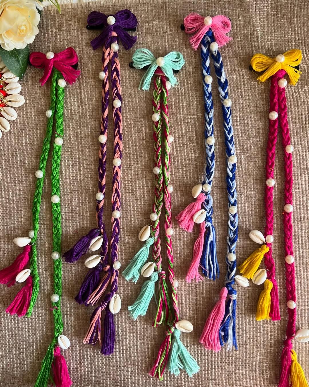 Handmade Braided Boho extension hair pin with Shells and Pearls, Multicoloured Thread, Bow Design, Set of 4,boho tic tak hair pin, navratri accessories for baby girl, girls