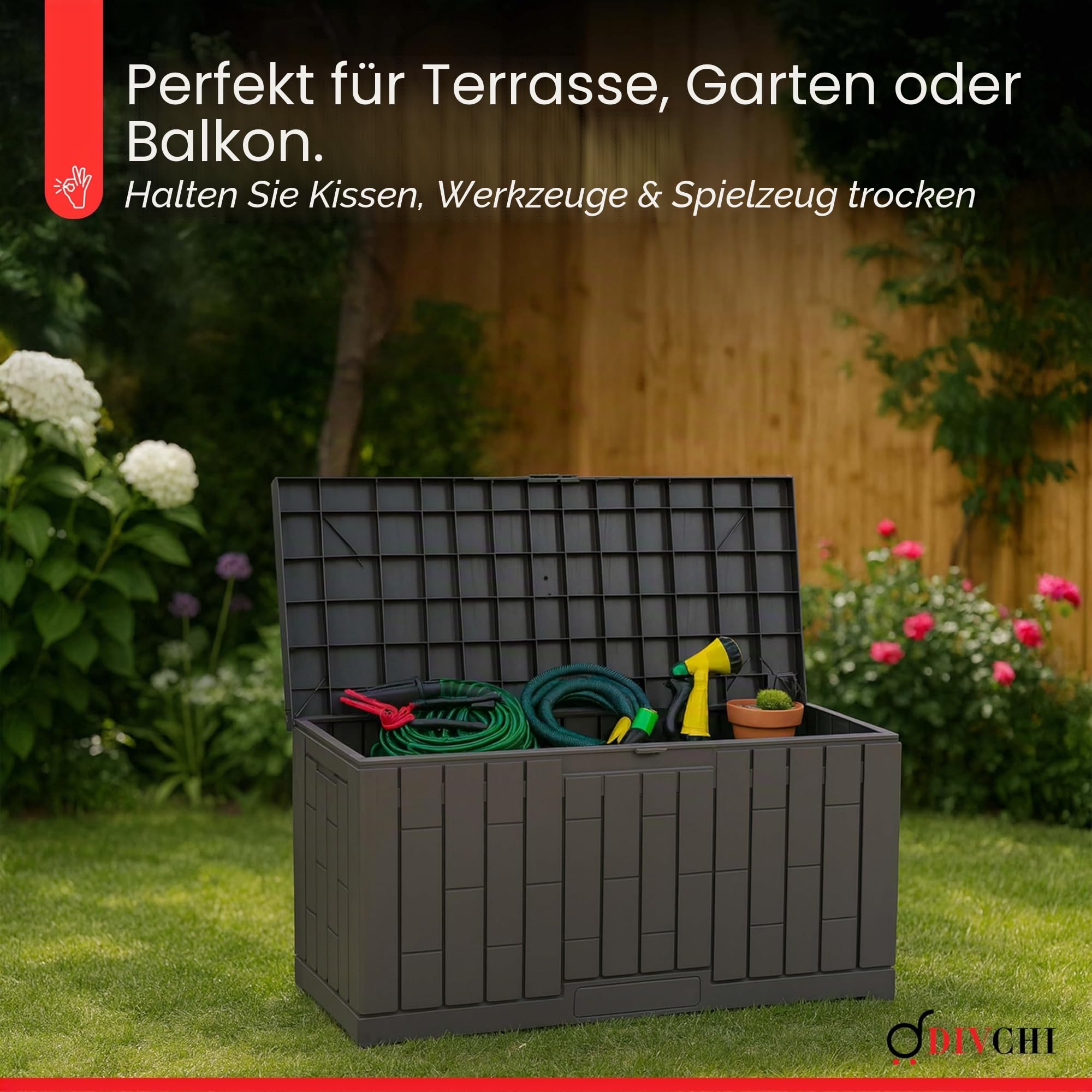 DIVCHI Outdoor Aufbewahrungsbox wasserdichte Deckbox für Gartengeräte Terrassenkissen und Poolzubehör Abschließbar Einfache Montage Vielseitige Bank oder Tisch (60 Gallonen)