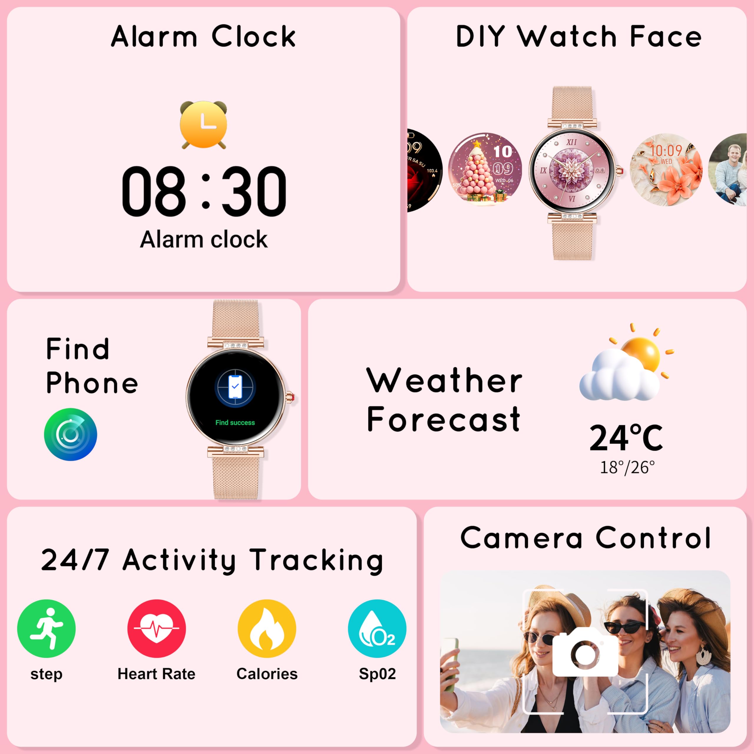 Reloj Inteligente Mujer Pantalla AMOLED 1,19'' Elegante Pequeño Oro Rosa | Reloj Deportivo Contador Monitor Sueño Pulsómetro SpO2 Smartwatch con Llamadas IP68 compatible con iPhone Android