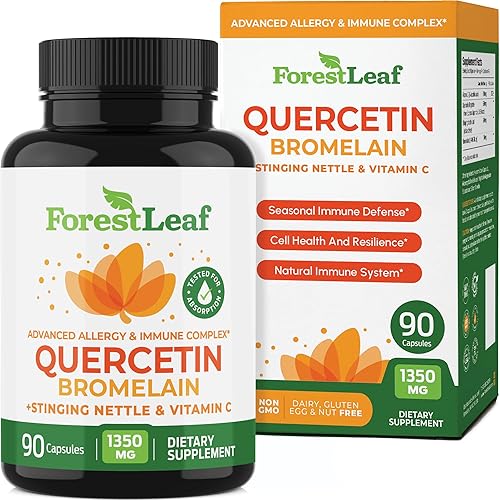 Quercetina 500 mg con bromelina vitamina C y ortiga picante Suplemento avanzado para senos nasales y alergias 90 cápsulas vegetales naturales Sin