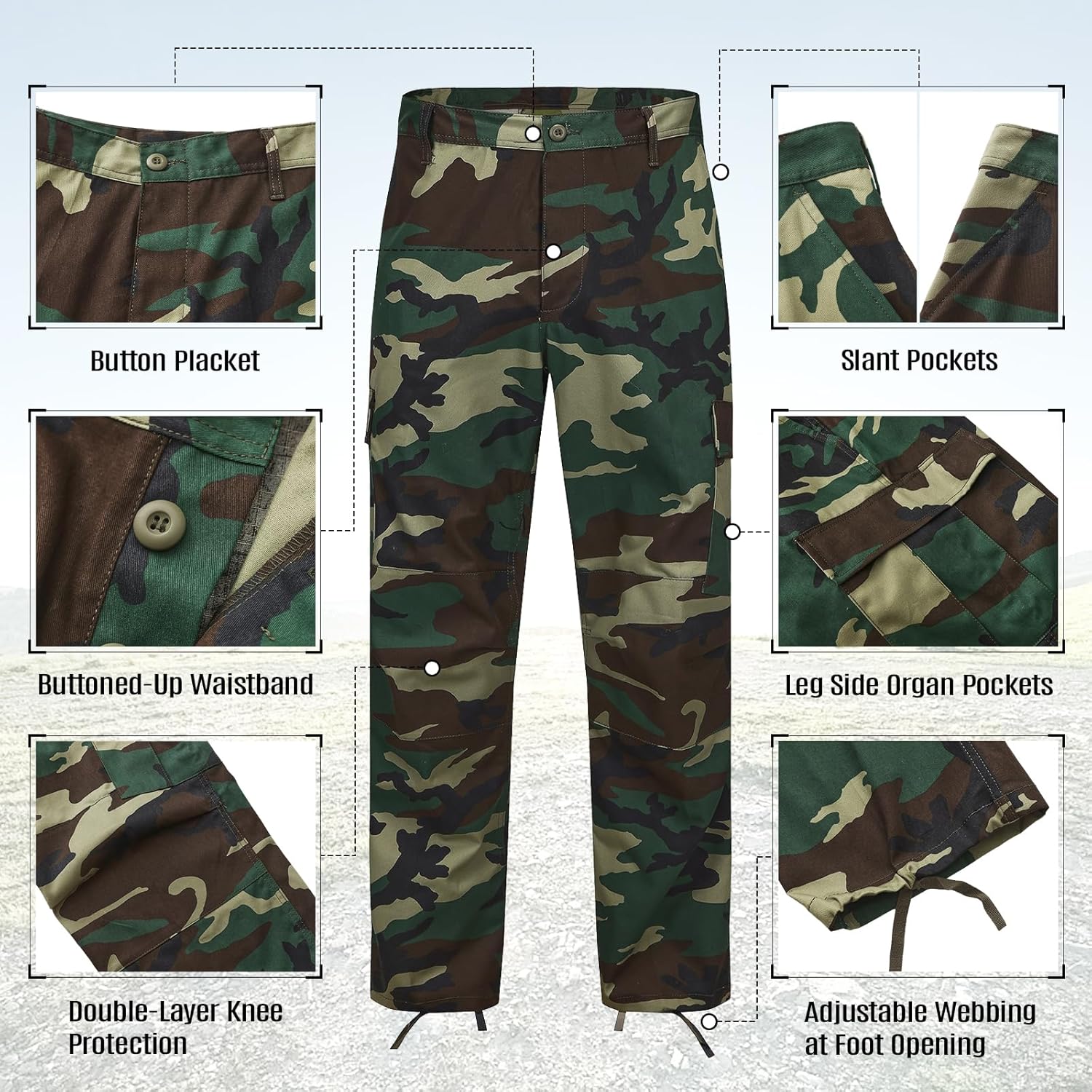 Men's BDU Pants, 6 Pockets, Cotton Canvas Tactical Work Pants for Hiking, Camping, and Outdoor Activities