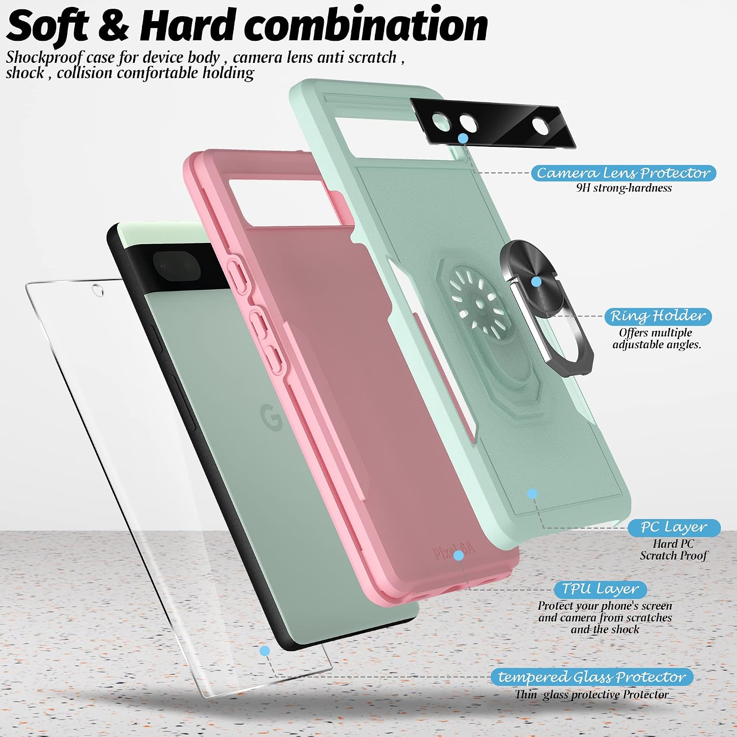 Seltureone [5 in 1 for Google Pixel 6A 5G Phone Case, Ring Kickstand Case with Screen Protector and Camera Lens Protector for Google Pixel 6A 5G, Drop Protection Cover, Green+Pink
