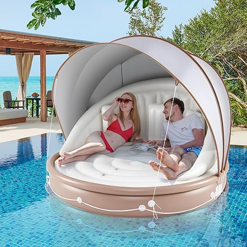 Miniatura 8 de GYMAX Flotador de piscina con toldo, isla flotante inflable de 440 libras con sombrilla desmontable y 3 almohadas, tumbona de bronceado para 23
