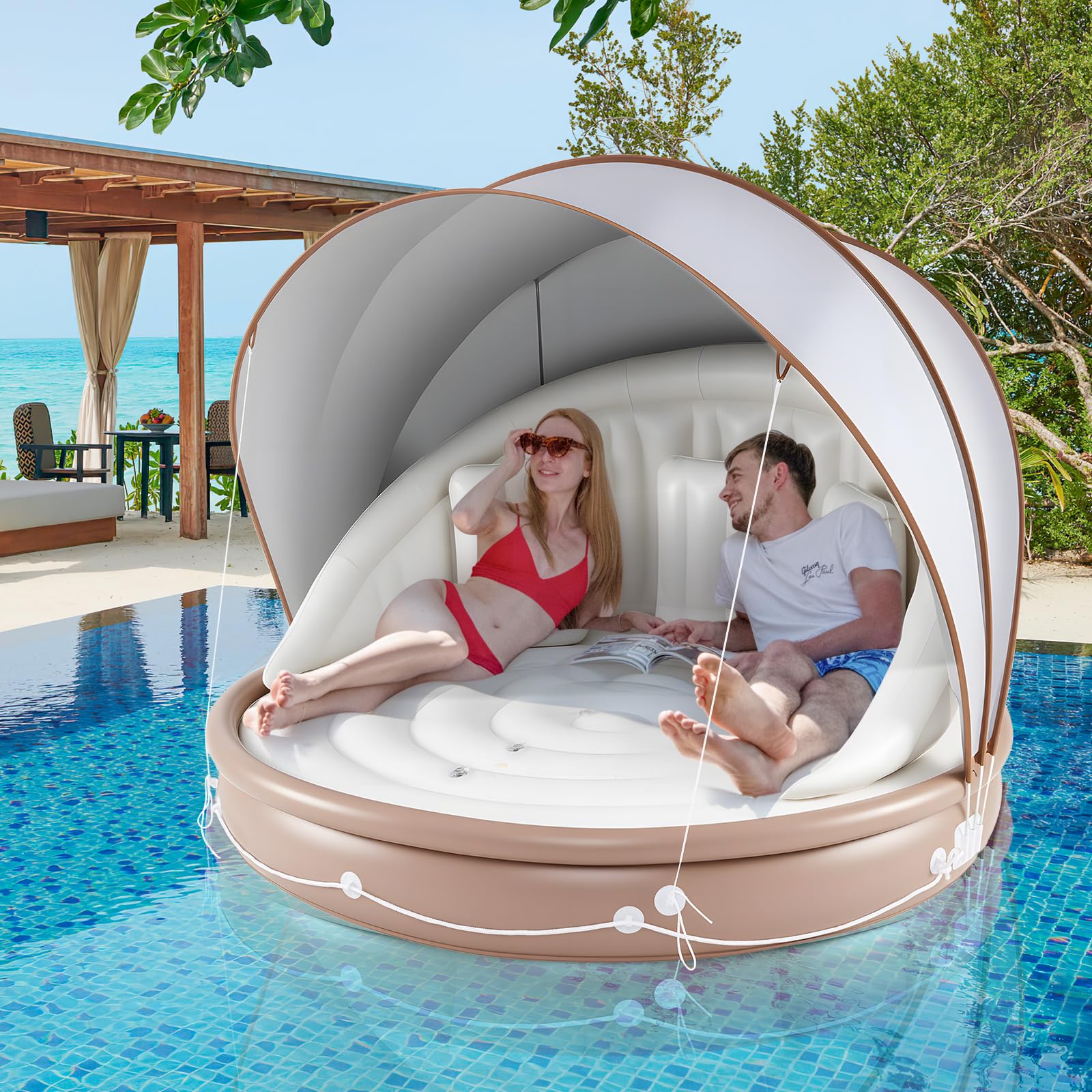 GYMAX Matelas Piscine Gonflable avec Auvent Détachable pour 2-3 Adultes