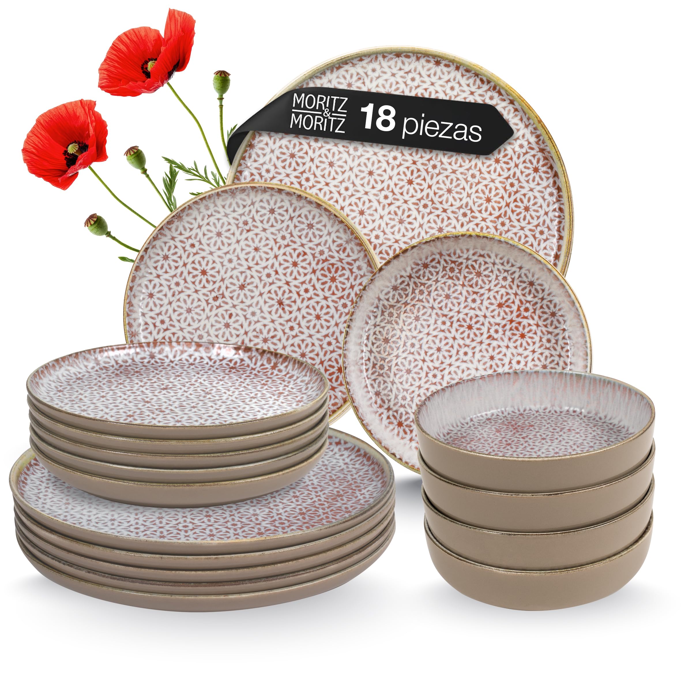 Moritz & Moritz ALHAMBRA - Vajilla para 6 personas, 18 piezas, de porcelana de alta calidad, moderna vajilla en mousse, fácil cuidado, juego de 6 platos llanos, platos de postre y cuencos
