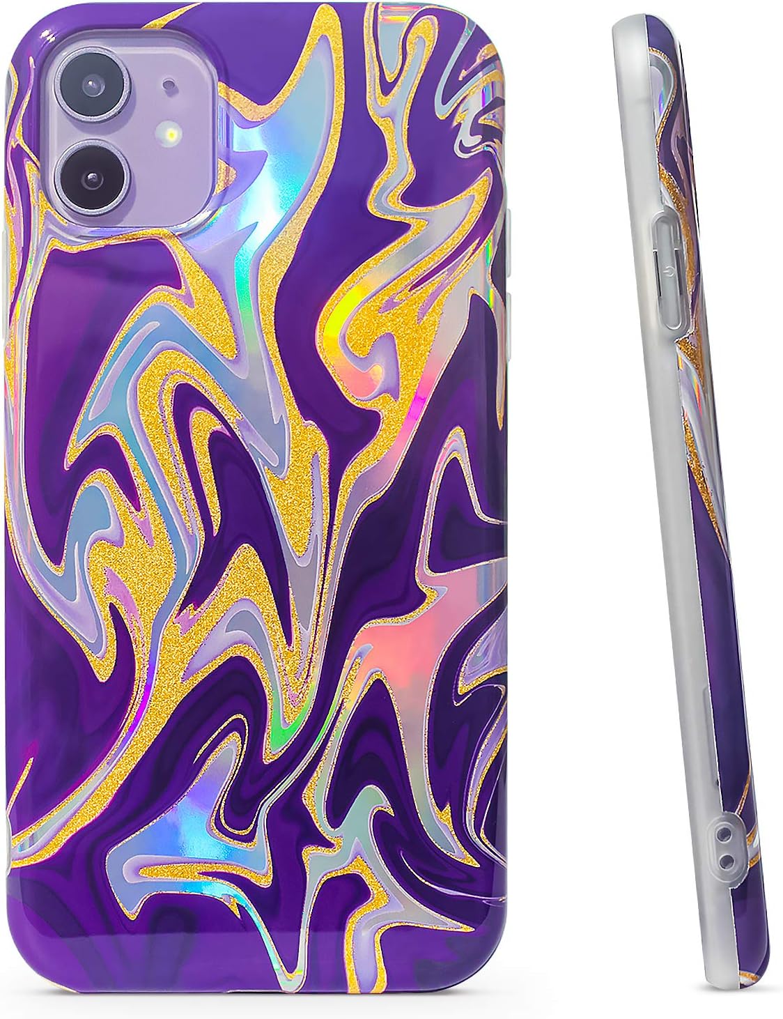 SUGUAN 6.1 inches Apple iPhone 11 Phone Cases, Holographic Shiny Gold Glitter Design Soft TPU Protective Cover (Romantic Purple)