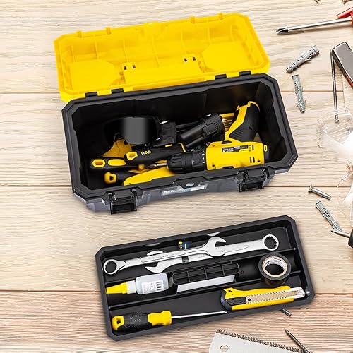 Miniatura 5 de DELI Caja de herramientas de 16 pulgadas con cerradura, organizador resistente de 2 capas con bandeja extraíble, tapa abatible para piezas pequeñas,